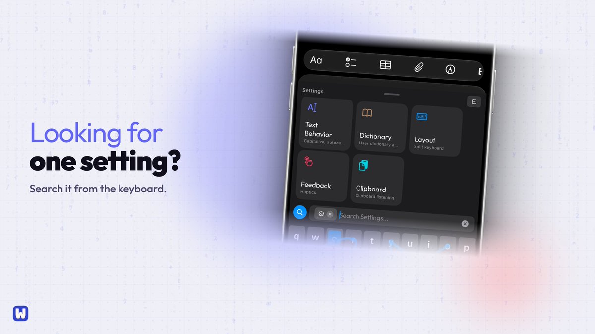 WeavlyApp's tweet photo. Looking for one setting? Search it from the keyboard.

The panel opens above the keys. The note you're writing stays put.

#Weavly #iOSKeyboard https://t.co/oTT9ehc3cH