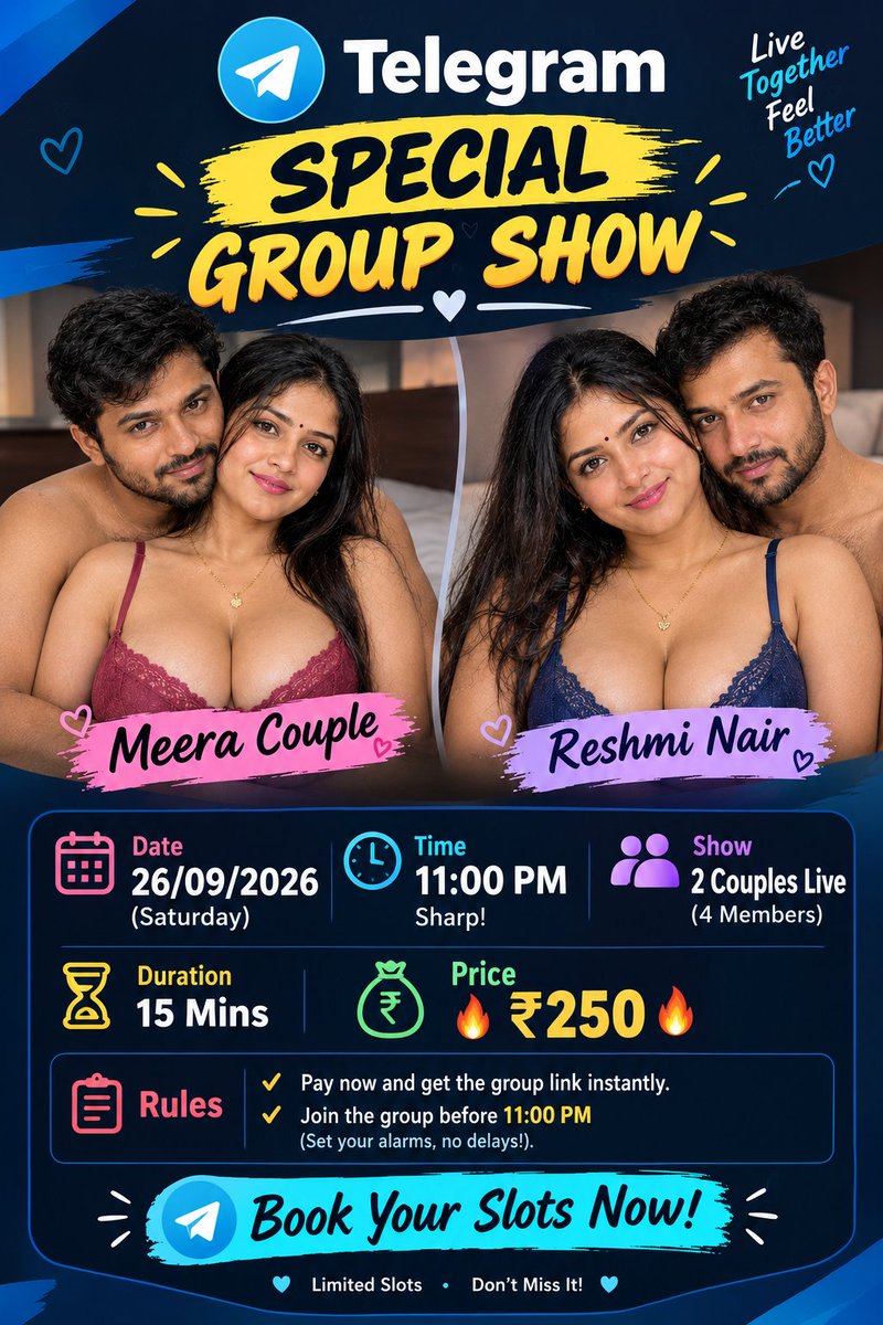 Reshmiinair's tweet photo. 🔥 SPECIAL GROUP SHOW 🔥

​📅 Date: 26/09/2026 (Saturday)

⏰ Time: 11:00 PM Sharp!
👥 Show: 2 Couples Live (4 Members: 2 Guys &amp; 2 Girls)

𝐂𝐨𝐮𝐩𝐥𝐞 𝐁𝐥𝐨𝐰𝐣𝐨𝐛 + 𝐅𝐮𝐜𝐤

​Couple 1: Meera Couple
​Couple 2: Reshmi Nair

​⏳ Duration: 15 Mins

💰 Price: 🔥 ₹250 🔥 https://t.co/442SOZCOLo