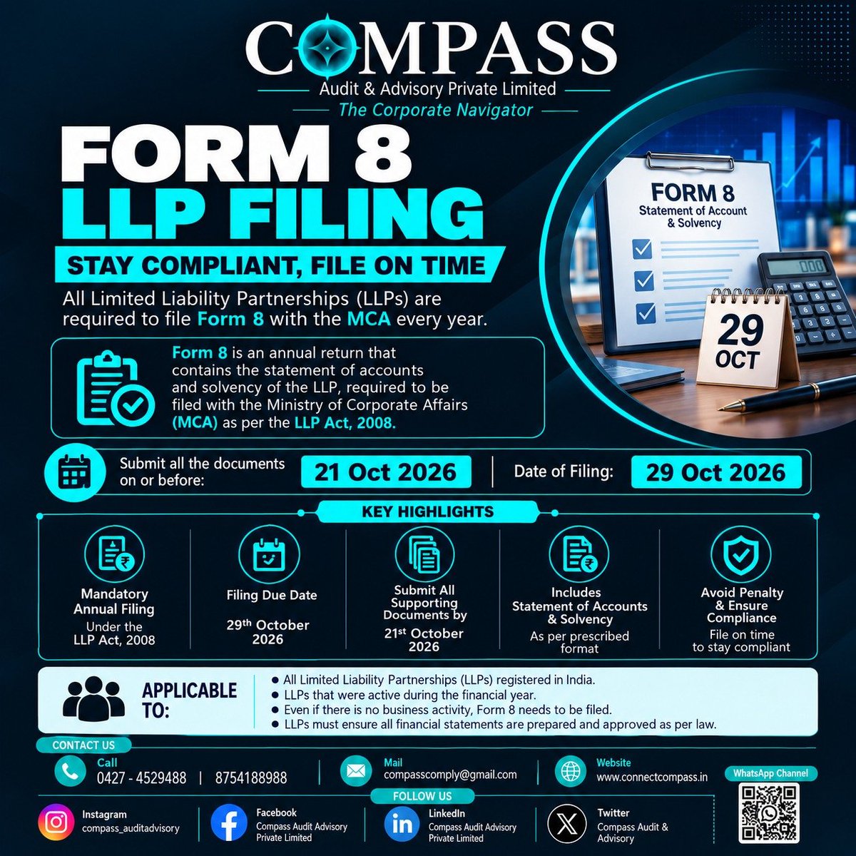 compassaudit's tweet photo. 📢 REMINDER: LLP FORM 8 FILING DEADLINE APPROACHING

Form 8 filing for FY 2025–26 is due on 29 October 2026.

📂 Submit Documents By: 21 October 2026
�� Filing Due Date: 29 October 2026

Contact us: 

📞 0427-4529488 | 8754188988
📧 compasscomply@gmail.com https://t.co/tNvM4aaL5e https://t.co/fTEooLavft
