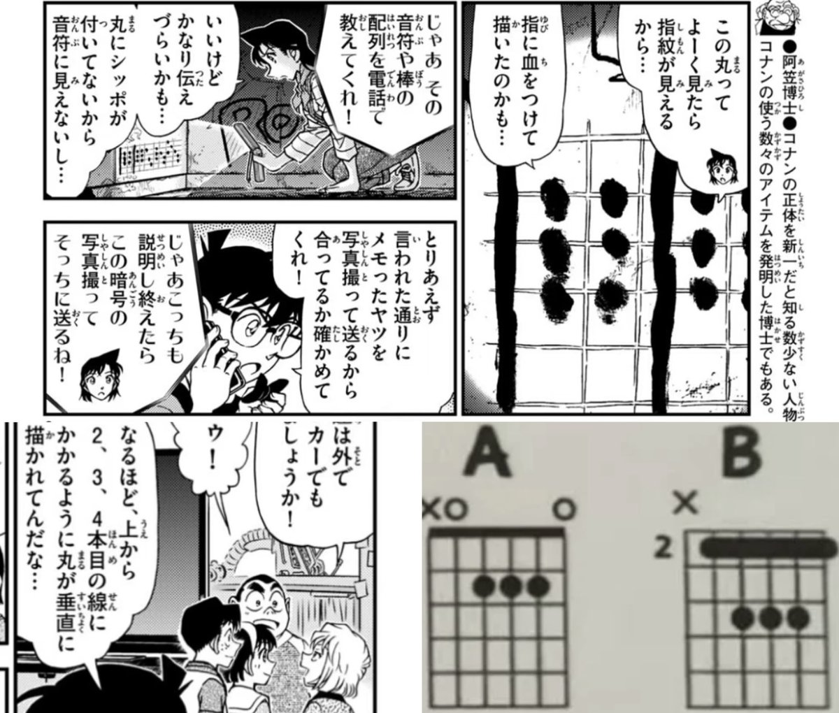 Noir_Ameta's tweet photo. ❗️1168話ネタバレ注意

6本の横線をギターの弦と考えると、
「バレー＋3つの点」＝Bコード、
「3つの点」＝Aコード。
つまり B→A→B→A＝BABA＝馬場？

#名探偵コナン #コナン本誌 https://t.co/cFKYuTzUCM
