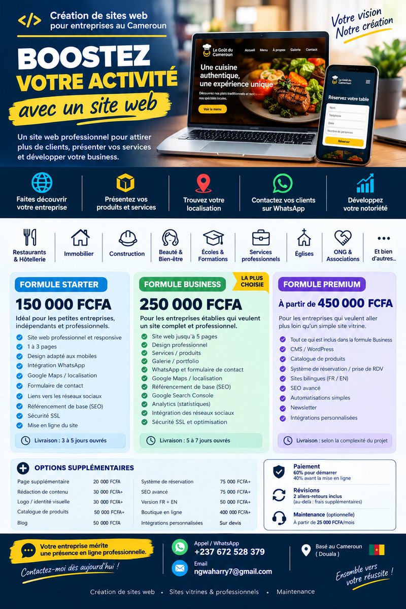 harry_ngwa's tweet photo. Vous avez une entreprise ? Il est temps d’être en ligne !
Je crée des sites web professionnels pour les entreprises au Cameroun, à partir de 150 000 FCFA.
🌐 Présentez vos services
📱 Recevez des clients sur WhatsApp
📍 Affichez votre localisation
📸 Présentez vos produits et réalisations
📞 WhatsApp : +237 672 528 379
📧 ngwaharry7@gmail.com
Contactez-moi pour en discuter !