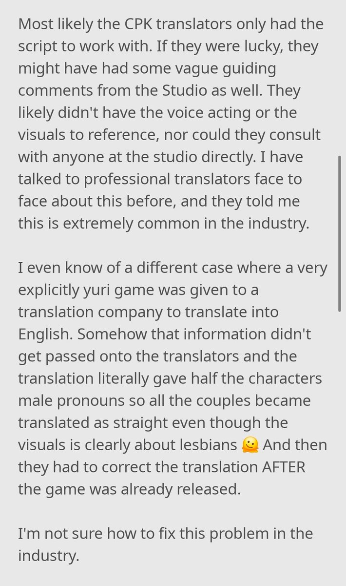 NoroikoTrns's tweet photo. On mistranslations and accidental homophobic translations - CPK as a case study.

tldr - yeah it's unfortunate it happens. But please don't blame the translators... Productions are INSANELY complex beasts. Translators are just doing their best. https://t.co/dMCG0Qj8D8