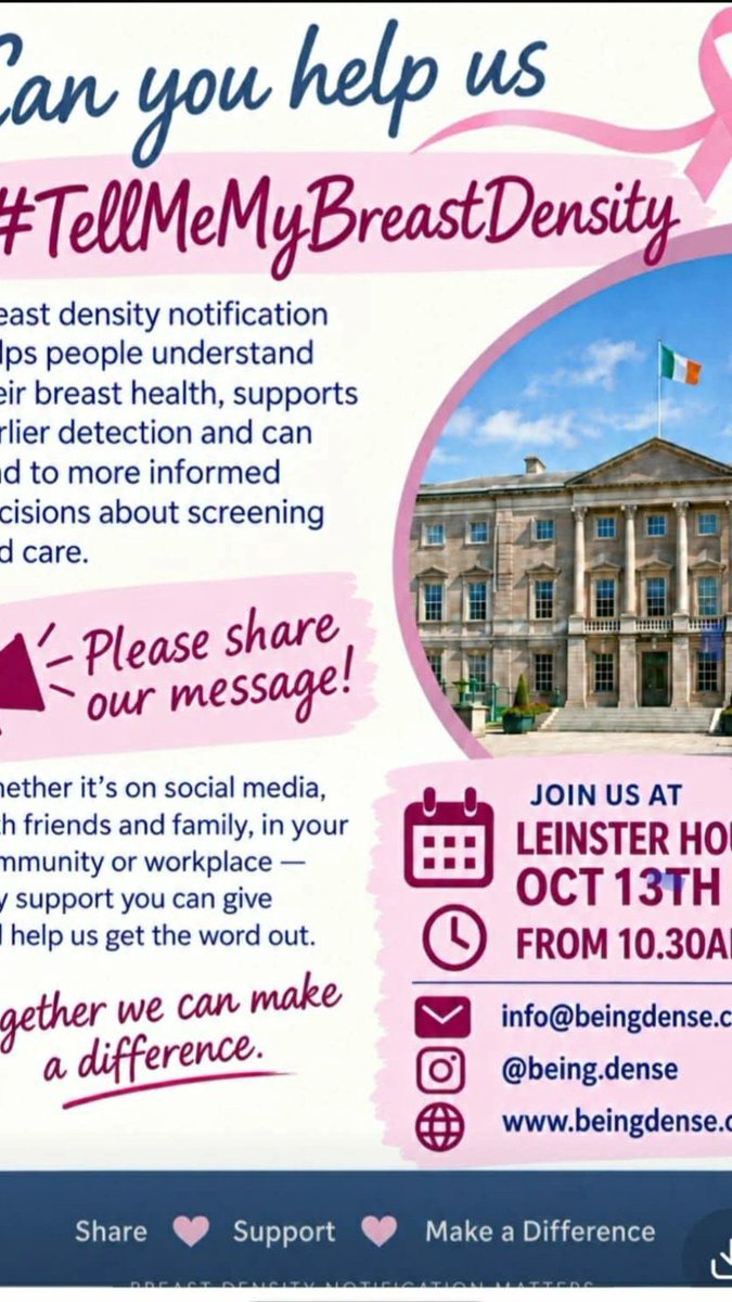 BreastDense's tweet photo. Tues 13th October Breast Density is firmly on the Agenda at Leinster House when TD'S  Ministers and Senators attend a Briefing Session 

Fill out our short survey and help inform the discussion on
https://t.co/sORniKcVki

#TellMeMyBreastDensity https://t.co/suvkDdckel