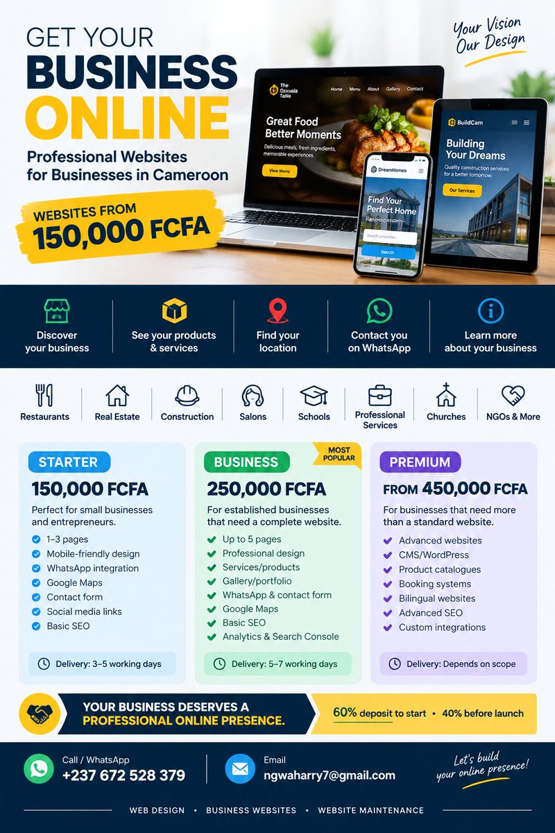 harry_ngwa's tweet photo. Do you own a business? It's time to get online!
I create professional websites for businesses in Cameroon, starting from 150,000 FCFA.
🌐 Showcase your services
📱 Let customers reach you on WhatsApp
📍 Display your location
📸 Showcase your products and work
📞 WhatsApp: +237 672 528 379
📧 ngwaharry7@gmail.com
Send me a message and let's discuss your website!