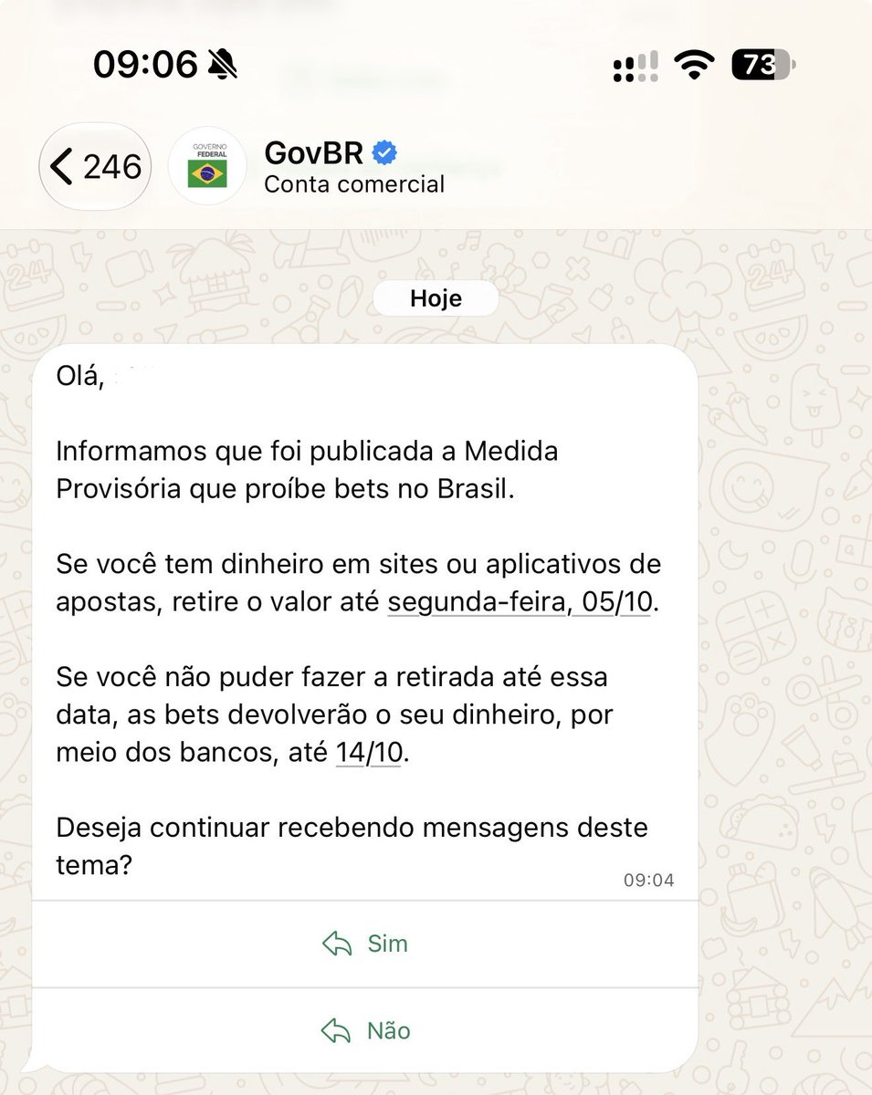 eixopolitico's tweet photo. 🇧🇷 A 8 dias da eleição, governo envia mensagem no WhatsApp pela conta oficial do https://t.co/gKbg3jlgUn para informar que proibiu as bets. https://t.co/OgxORMnEHh