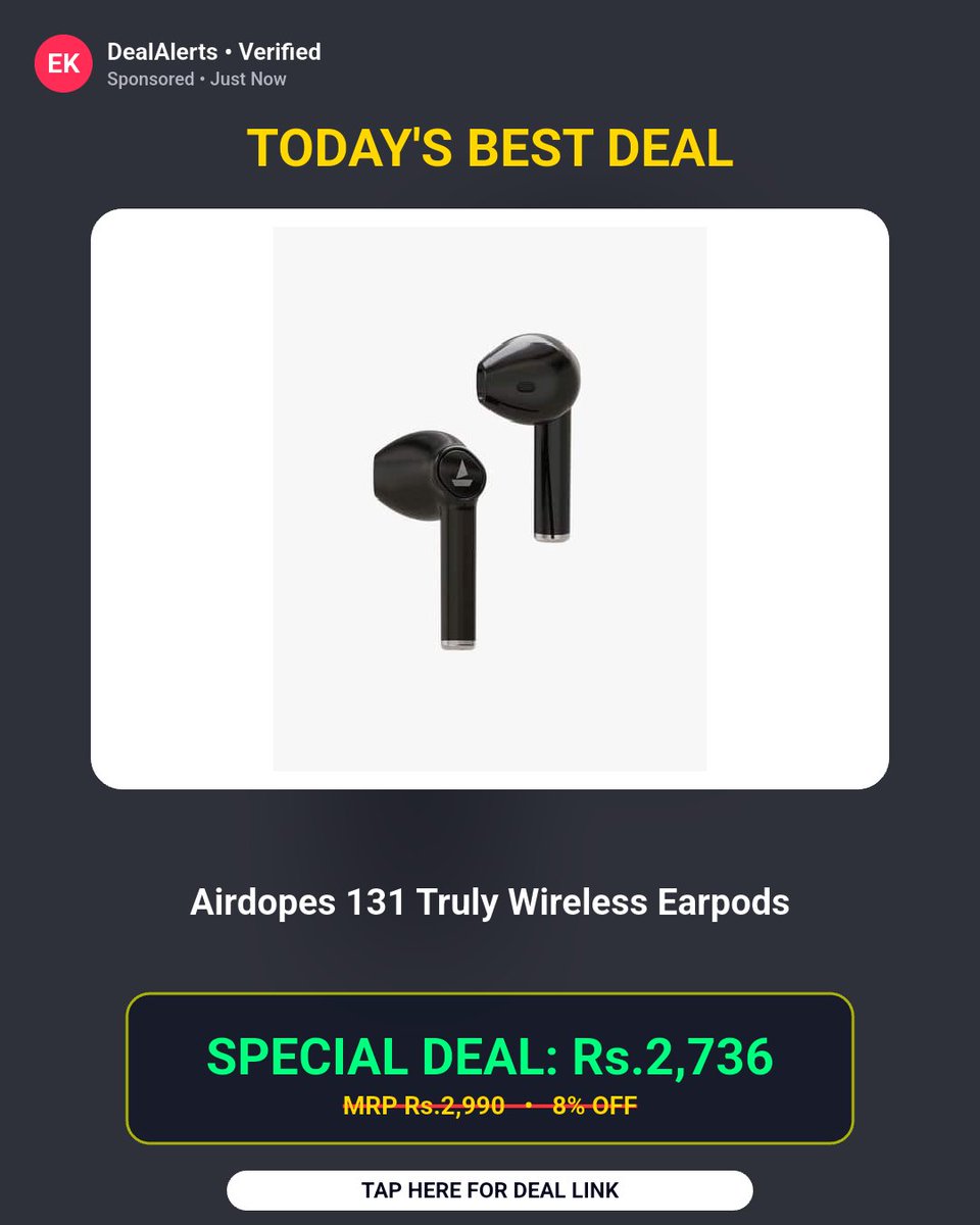 BanotaRajesh's tweet photo. Price dropped hard on this one. Airdopes 131 Truly Wireless Earpods at 10% Off

Rs.2736 (was Rs.2990)

Buy Now: https://t.co/2ZrXjWtoOY

#Airdopes131 #WirelessEarbuds #TrendingDeal #AjioSale #BestPrice https://t.co/raGMxsb59E