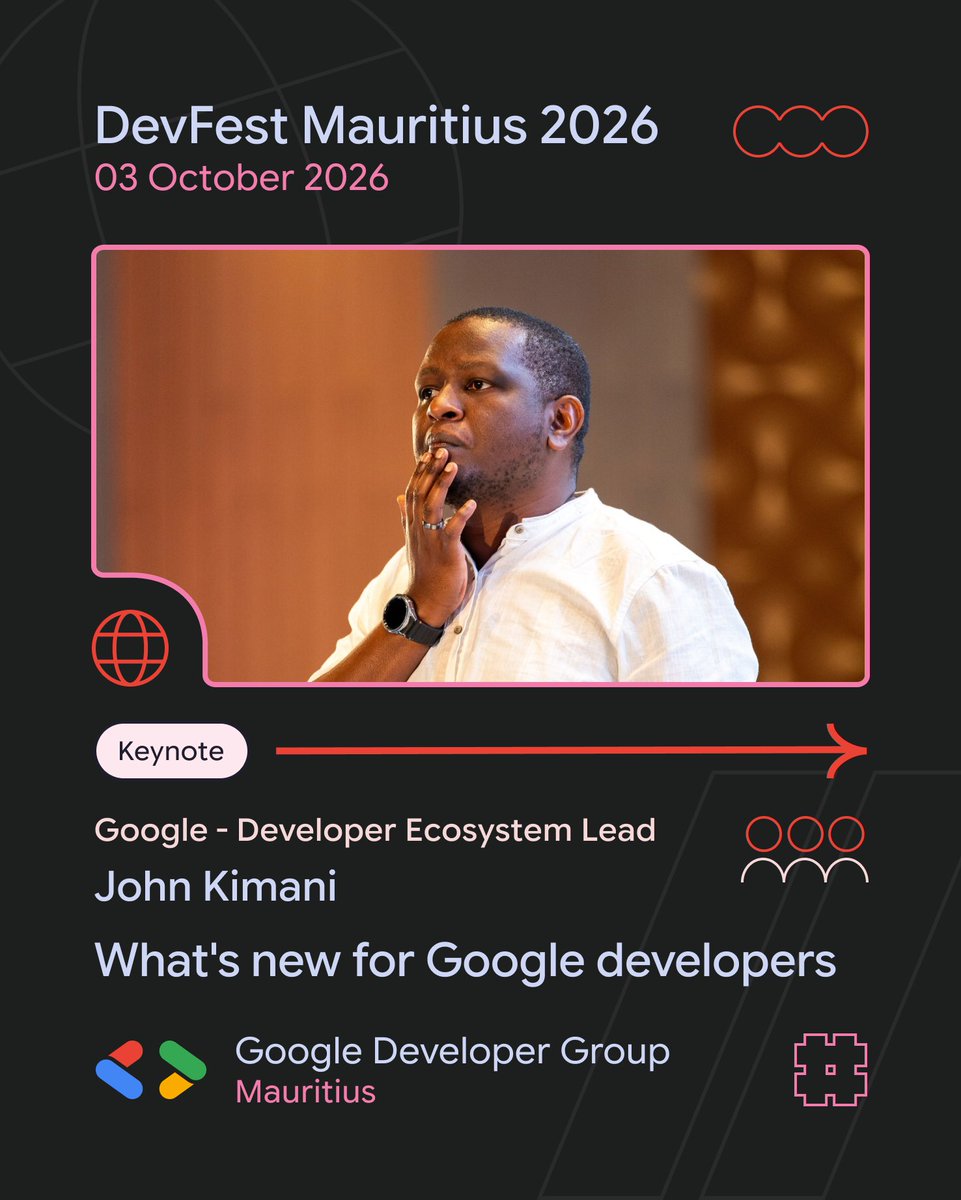 MSCraftsman's tweet photo. Weโre pleased to welcome John Kimani, Google Developer Ecosystem Lead, to DevFest Mauritius 2026 !
๐
03 October 2026
๐ African Leadership College of Higher Education (ALCHE), Mauritius
๐๏ธ Reserve your ticket: https://t.co/Jpr32SgfeQ
#DevFestMauritius #GDGMauritius https://t.co/xBBVslZ6iP