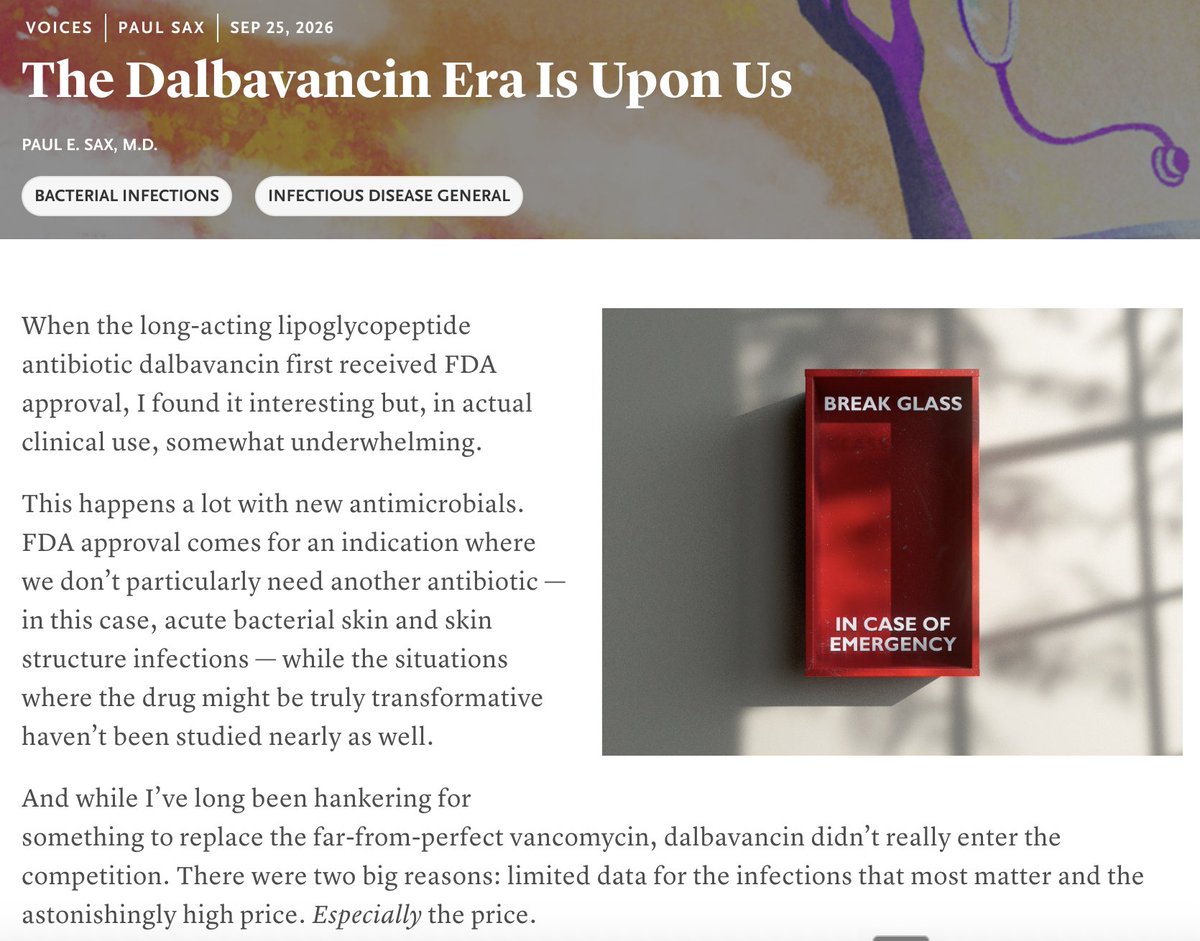 PaulSaxMD's tweet photo. If you haven't done inpatient patient care recently, here's a big change that's happening -- dalbavancin is poised to replace vancomycin in many clinical settings. Here I explain why. Free-to-read link in replies. @NEJM @NEJMClinician @PriyaNori https://t.co/u0r1adZgfM