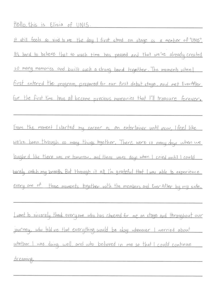 allforElisia_'s tweet photo. Elisia’s handwritten farewell letter for EverAfters 🤍🥺

I’m sure she’s also emotional while writing this. Thank you so much Ellie for all the wonderful moments you’ve shared with us. I’m so proud to witness your journey of growth since Universe Ticket until now. We will always be here to cheer for you. We love you so much Elisia!
