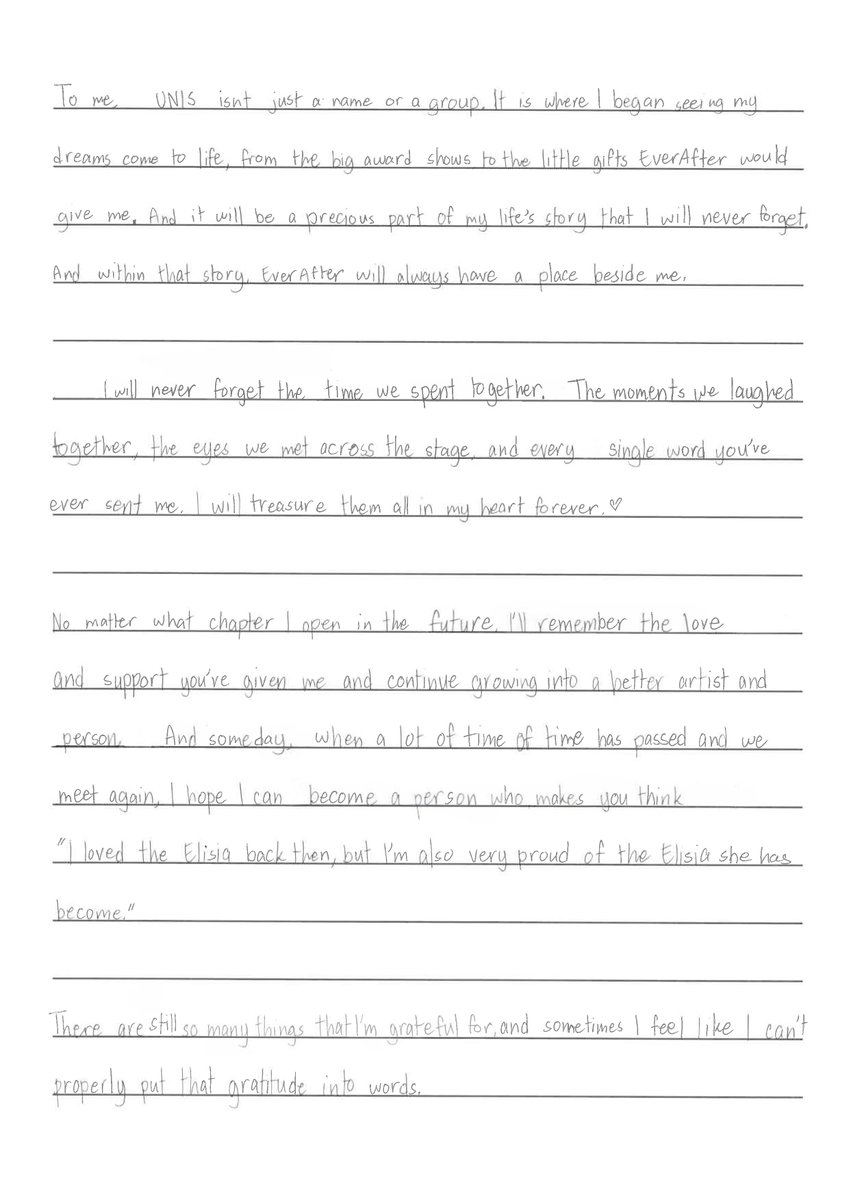 allforElisia_'s tweet photo. Elisia’s handwritten farewell letter for EverAfters 🤍🥺

I’m sure she’s also emotional while writing this. Thank you so much Ellie for all the wonderful moments you’ve shared with us. I’m so proud to witness your journey of growth since Universe Ticket until now. We will always be here to cheer for you. We love you so much Elisia!