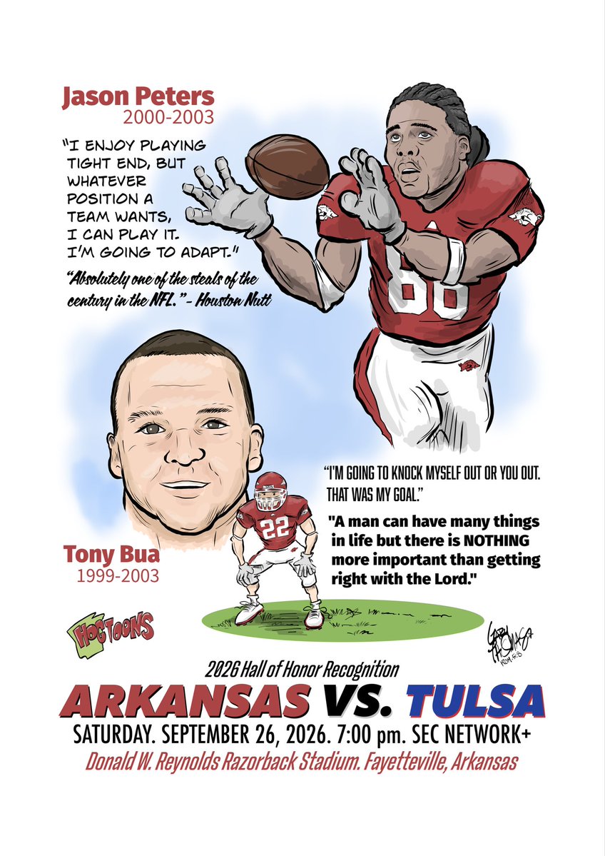 realrayzorback's tweet photo. These two great ones know what it takes to win. Congratulations on your induction into the Hall of Honor. Go Hogs! Beat Tulsa! @RazorbackFB @wholehogsports #tonybua #jasonpeters #hallofhonor #hogtoons https://t.co/iXKeLPsHtM