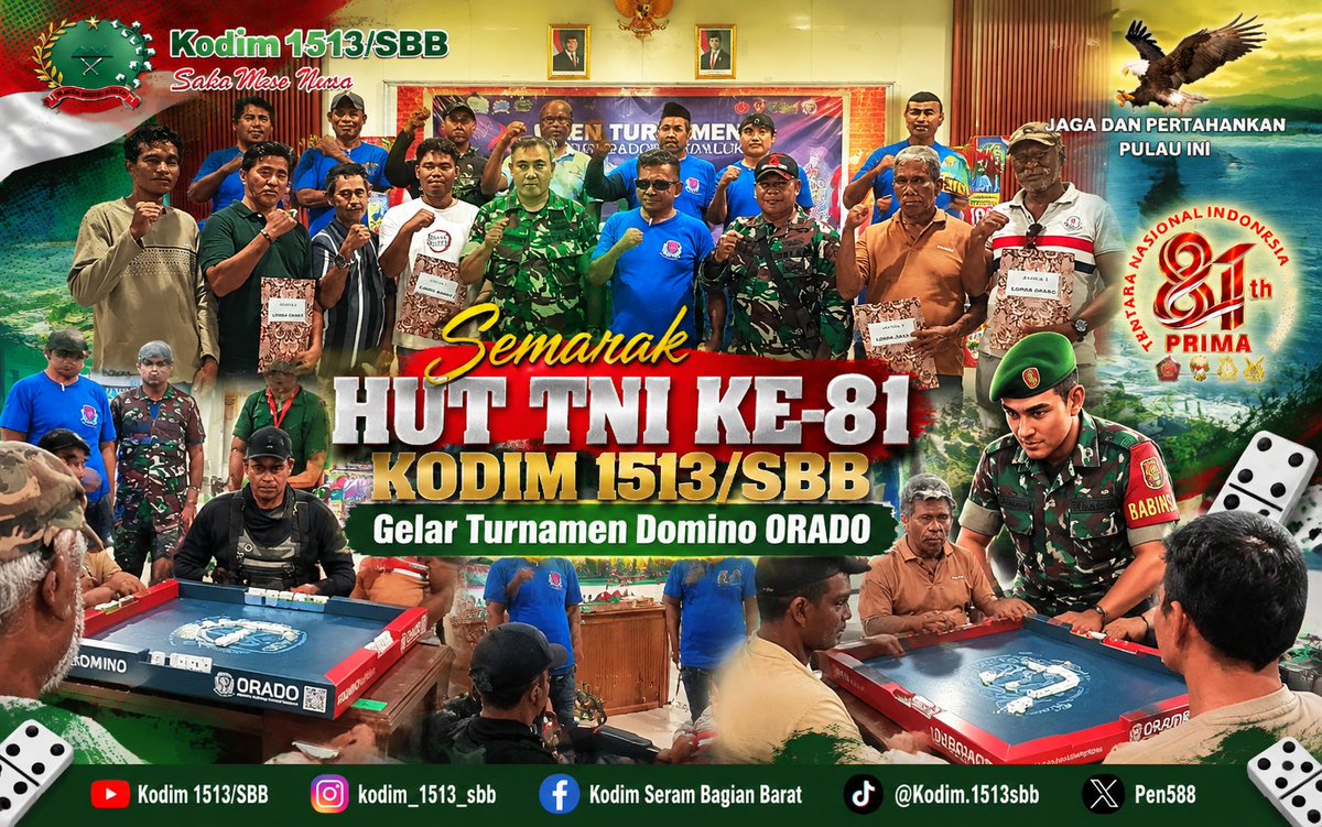 M1513sbb's tweet photo. Semarak HUT TNI ke-81, Kodim 1513/SBB Gelar Turnamen Domino ORADO.

Baca selengkapnya👇
https://t.co/E1497Su8u5 https://t.co/aEwnAm1Ii1