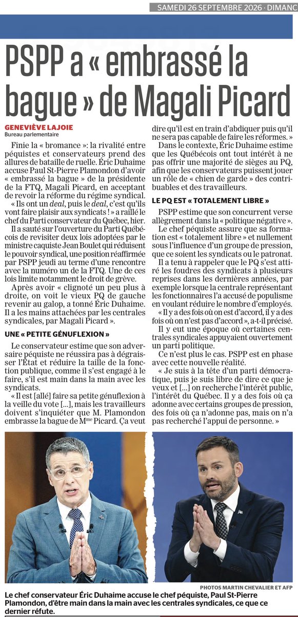 MrVidange's tweet photo. Monsieur l’égout Média non-subventionné « Pas de casse » 26 septembre 2026

🏴‍☠️ Dans ce « Pas de casse » aujourd’hui…

Bon matin à toi, mon espèce de 418…🤭

Si tu as été attentif, mercredi dernier lors du débat, on a tenté de faire verbaliser PSPP sur 3 sujets précis… Il s’est tourné la langue exactement 622 fois avant de concéder qu’il modifierait le mode de scrutin, et a esquivé sur les deux (2) autres sujets…

Dans mon travail, il m’est donné souvent de rechercher dans le non-verbal pour dresser le profil de quelqu’un, et détecter quand on me « bullshit »… Chez PSPP l’exercice est facile!😉

Sur le mode de scrutin, pas grand bruit depuis, mais je sais que cette séquence du débat va lui être remise dans la face, pour brouiller l’eau s’il vague en territoire trop calme à L’Assemblée Nationale, je vous l’assure.  Sa réponse évasive m’indique qu’il s’incline à explorer le sujet, mais je peux immédiatement vous promettre qu’il n’en fera rien, à moins d’une insistance d’une majorité sur le sujet, aux sein des autres partis représentés.

Sur les (2) autres sujets esquivés maintenant, il ne s’est pas avancé, remettant à plus tard dans la campagne ces questions, et c’était stratégique car il savait que s’il dévoilait ses positions sur ces enjeux lors du débat, qu’il perdrait ces électeurs indécis: à ce moment, je vous assure que le non-verbal m’indiquait clairement qu’il avait un chalumeau au cul, et qu’il cachait encore quelque chose… Je vais vous le dire, puisqu’il s’est prononcé dès hier:

-Chers 418, sous un gouvernement péquiste de PSPP, vous allez vous torcher avec le projet de 3e lien, il n’en fera pas, et tout au mieux comme dans un flirt de bar pour vous garder sur la touche, il rêve du tunnel de la CAQ et y faire passer ses « étobus » seulement.

-Chers 418, sous un gouvernement péquiste de PSPP, quand il vous promet de couper des milliers de postes dans la fonction publique, ce qu’il accusait il n’y a pas si longtemps comme étant une mesure populiste, il vous dévoile son infidélité en couchant, bien lubrifié, avec les « chiens enragés » du modèle syndical québécois, ces mêmes qui explique pourquoi le Québec est incapable de changement, car ces « apôtres qui sucent notre argent » ont des arguments plus forts, jappent et menacent davantage qu’un électeur qui réalisera s’être fait flouer.

Donc tu aimes ta position fécale, tu aimes l’immobilisme, tu aimes les mensonges, tu aimes qu’on joue avec ton imbécilité, tu sais ce que tu as a faire…. Pour les autres, la seule option claire à mes yeux réside dans le Parti Conservateur du Québec, le seul chien de garde contre ces partis qui ne vous dévoilent pas tous ces fins caractères qui vont continuer d’enfantdechienniser vos vies…😉

Mon média impartial, non copié de l’IA, propose une information de qualité, et est non-subventionné, donc si tu aimes ce que tu lis, que je rejoins ton point de vue, ne fais pas juste « liker », tu peux partager aussi: c’est ma seule rétribution!🙏

@E_Duhaime 
@PconservateurQc 

#PASDECASSE🏴‍☠️
