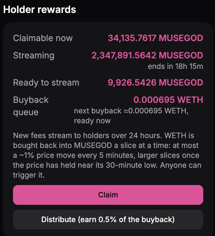 AFinDubai's tweet photo. $MUSEGOD: 

90% of the fees go to those who hold.

90% of that doesn't go to the creator - it goes to the holders, proportional to what each has.

The rewards accumulate.✅️
They don't fall alone.✅️
You claim whenever you want.✅️
Those who sell lose a slice.✅️
Hold who gets a bigger piece. ✅️
No fee portfolio.✅️
No power button.✅️
Locked in the contract.✅️

AC: 0x0379E228F6887c6F18bf394042ECAF81B308cb2e

@RobinhoodCrypto @musegod_rh
New token. Volume sends. DYOR.