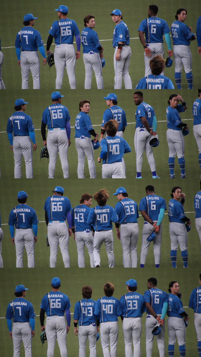 trash_can_dust's tweet photo. ホーム最終戦、勿論ハム陣も京セラ最終戦でご挨拶タイムなんやけどブルペンから急いでやってきたﾓが吸い込まれるように水野の隣に行ってたのがエモ過ぎたので、水野島本のケミ名を優しくおしえてください https://t.co/SmcLfYDxaX