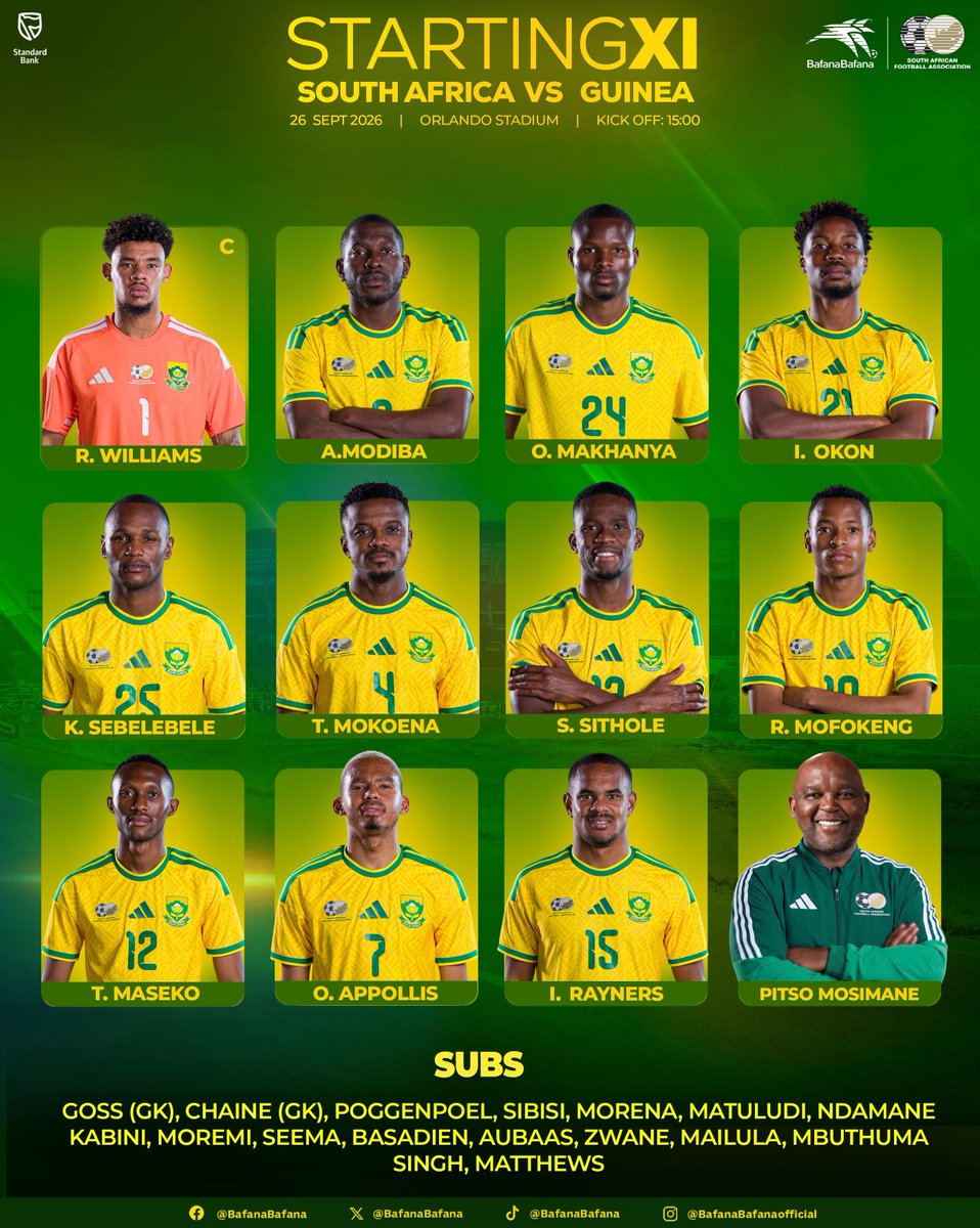 BafanaBafana's tweet photo. Bafana Bafana starting 11 vs Guinea

#BafanaPride
@StandardBankZA @adidasZA https://t.co/lEP4ssFlVf