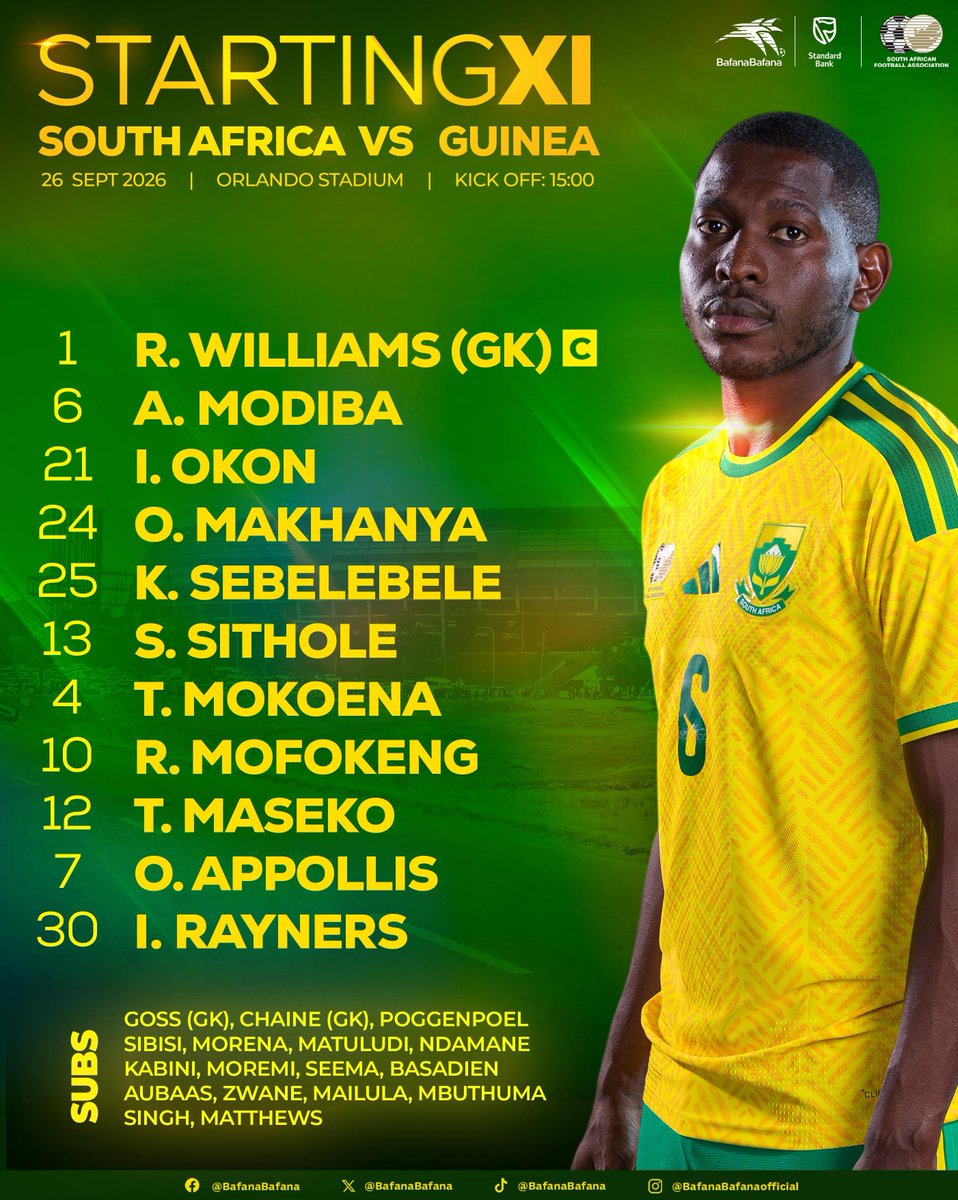 BafanaBafana's tweet photo. Bafana Bafana starting 11 vs Guinea

#BafanaPride
@StandardBankZA @adidasZA https://t.co/lEP4ssFlVf