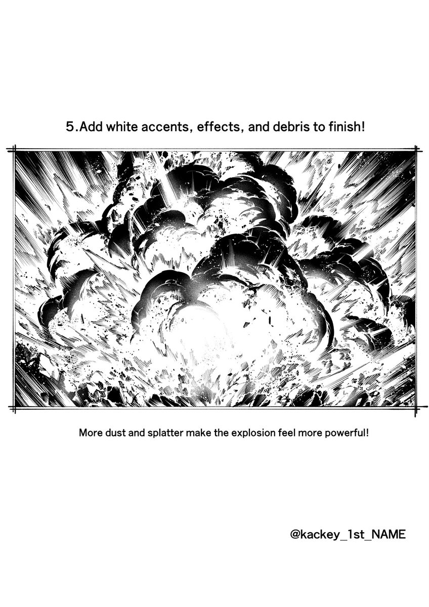 kackey_1st_NAME's tweet photo. As always, the English version! 
Manga Background Tutorial #5: Explosions 💥
I hope this helps with your manga backgrounds!

#MangaArt #MangaTutorial #DrawingTips https://t.co/o2GpvqS495