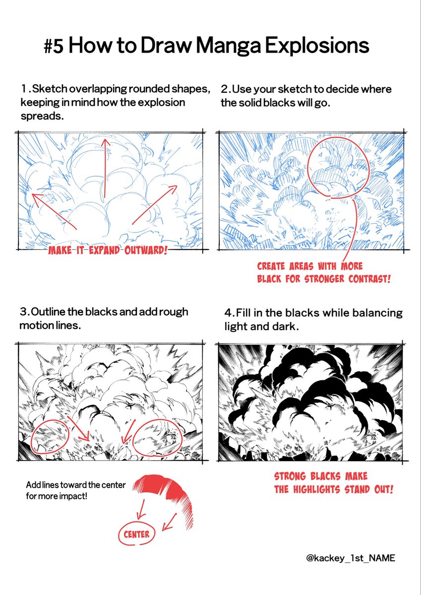 kackey_1st_NAME's tweet photo. As always, the English version! 
Manga Background Tutorial #5: Explosions 💥
I hope this helps with your manga backgrounds!

#MangaArt #MangaTutorial #DrawingTips https://t.co/o2GpvqS495