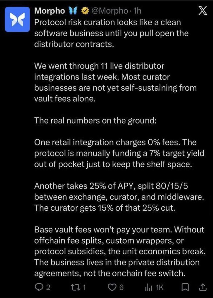 DeFi_Made_Here's tweet photo. This accident disclosure just revealed what everyone in the industry already knows: the curator business model doesn’t work without someone continuously paying for integrations and LP deals.

DeFi was supposed to cut out the middleman. Yet with this model, you can end up stacking as many as five layers of fees: integrator fees, curator fees (sometimes charged both onchain and offchain as “consulting” fees to asset issuers), LP fees, and middleware fees (we do not expect it will be forever free, right?).

Unlike Web2, DeFi enables extreme composability. Eg if you are not on Amazon, you can not sell your product. But in DeFi, you can be fully integrated everywhere via smart contracts. In this environment, owning the underlying protocol and its economics can be far more valuable than the potential benefits of broader distribution deals.