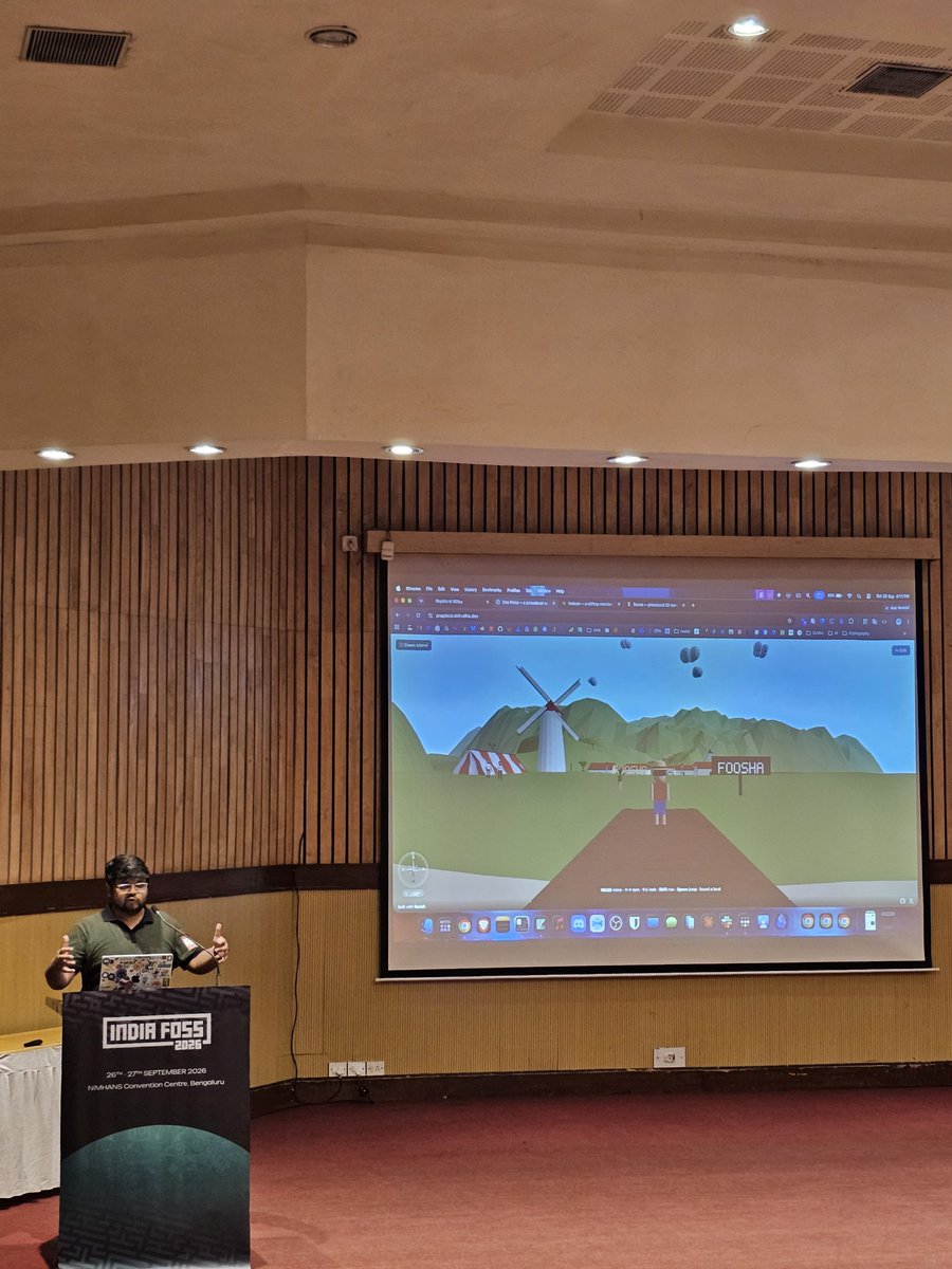 kranirudha's tweet photo. Had a great time talking about building 3D worlds… So great to find folks working on incredible stuff in the area… at @IndiaFOSS 2026 ⚡️ https://t.co/s6LJvSQgDa