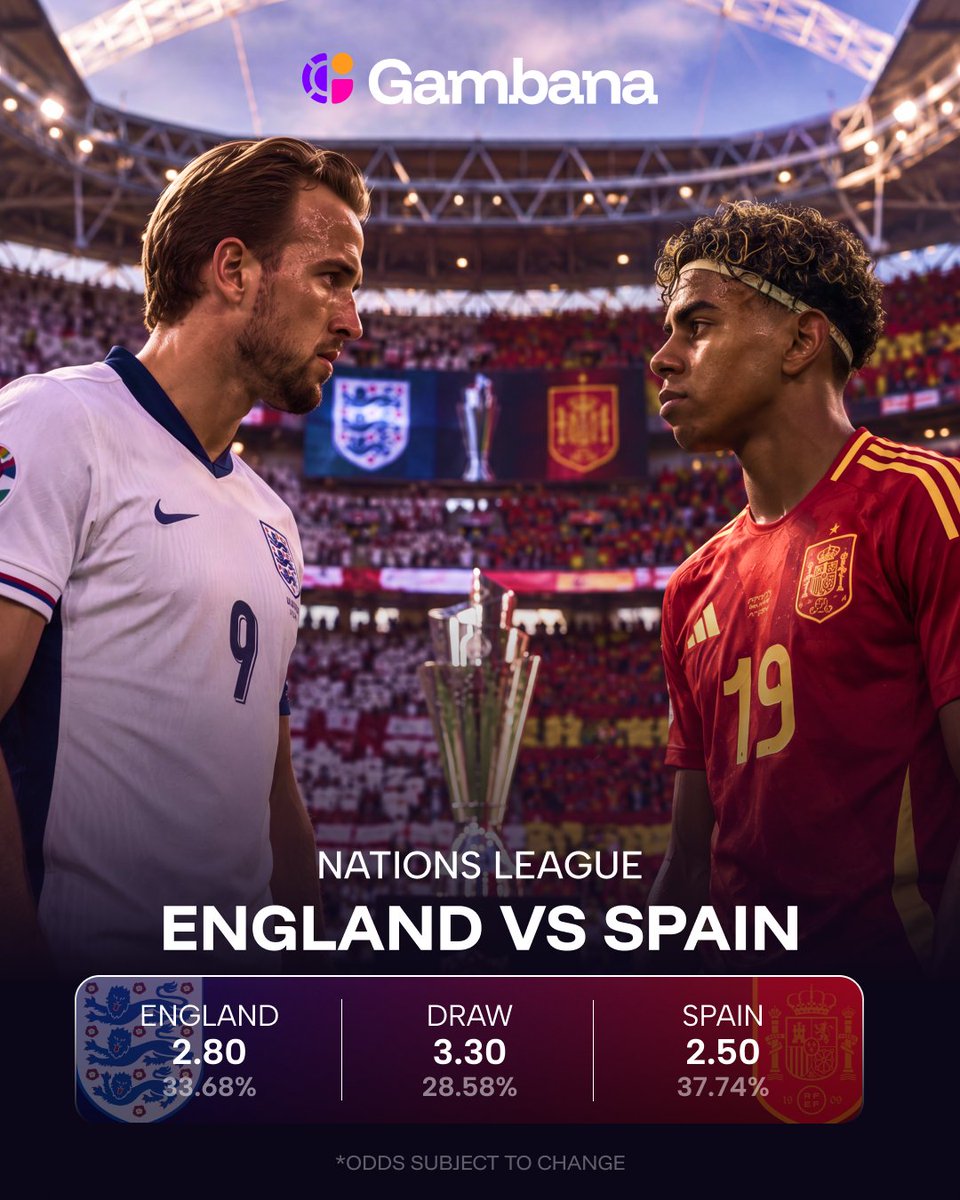 gambana's tweet photo. 🌍🏆 A HUGE NIGHT AT WEMBLEY!

🏴󠁧󠁢󠁥󠁮󠁧󠁿 ENGLAND 🆚 SPAIN 🇪🇸

The World Champions arrive at Wembley for a repeat of the Euros final. 👀

England come into this after claiming bronze at the World Cup, while Spain will be looking to remind everyone why they sit at the top of world football.

And two of the biggest stars on the planet take centre stage:

🎯 Harry Kane
✨ Lamine Yamal

Both will have their eyes on the Ballon d’Or, but who makes the bigger statement tonight?

🎯 GAMBANA SHOTS ON TARGET CHALLENGE

Predict:
👤 The player with the MOST shots on target
🥅 Their EXACT number of shots on target
🎮 Your Gambana Username

Example: Lamine Yamal + 3 SOT

💰 $50 IN FREE BETS UP FOR GRABS!

The FIRST 5 people to correctly predict BOTH the player + their exact shots on target will each win a $10 FREE BET! 🎁

❤️ Like the post
✅ Follow our page
💬 Comment your prediction + Gambana username

⏰ ENTRIES CLOSE BEFORE KICK-OFF!

📺 Catch England vs Spain LIVE on Gambana!
