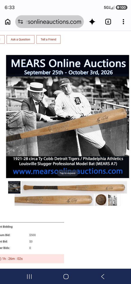 TicketTrav's tweet photo. https://t.co/04Rq2yGkKH

Any Cobb fans or @tigers fans our Ty Cobb bat with an authentic grade of A7 has hit the Mears Auction. Bid soon! Only 7 days left! https://t.co/UYzGV5NJZQ