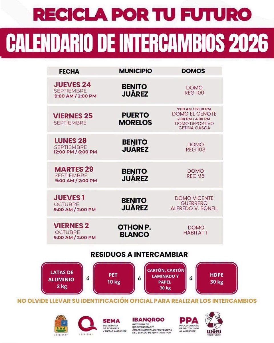 GobQuintanaRoo's tweet photo. ♻️🌎 Reciclar también es transformar hábitos en bienestar para nuestras comunidades.

Si formas parte de Recicla por tu Futuro, prepara tus materiales y participa en las jornadas de intercambio que se realizarán del 28 de septiembre al 2 de octubre. https://t.co/901yQKQpE1