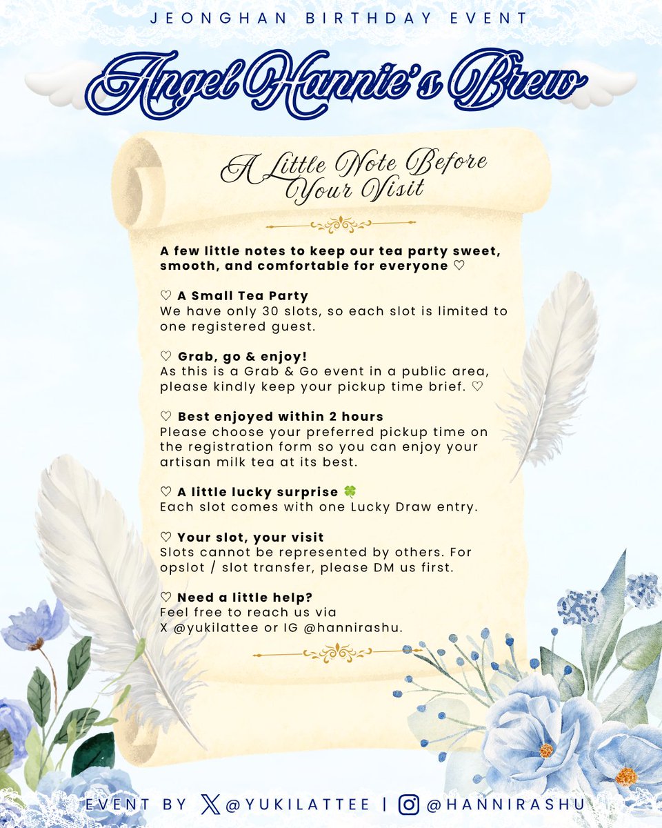 yukilattee's tweet photo. ˚‧꒰ა 𝓐𝓷𝓰𝓮𝓵 𝓗𝓪𝓷𝓷𝓲𝓮'𝓼 𝓑𝓻𝓮𝔀໒꒱‧˚

Welcome to Hannie’s Tea Room🍵
Jeonghan's Birthday Grab &amp; Go Event by @yukilattee 

📅 10.10.2026
⏰ 13.00–16.30
📍 Food court, Lippo Mall Nusantara
🎀 Free to RSVP!

🫖 CHAGEE+Freebies
🔔 RSVP: 28.09.2026 • 7 PM
#AngelHannisBrew https://t.co/nxcAuw4q3m