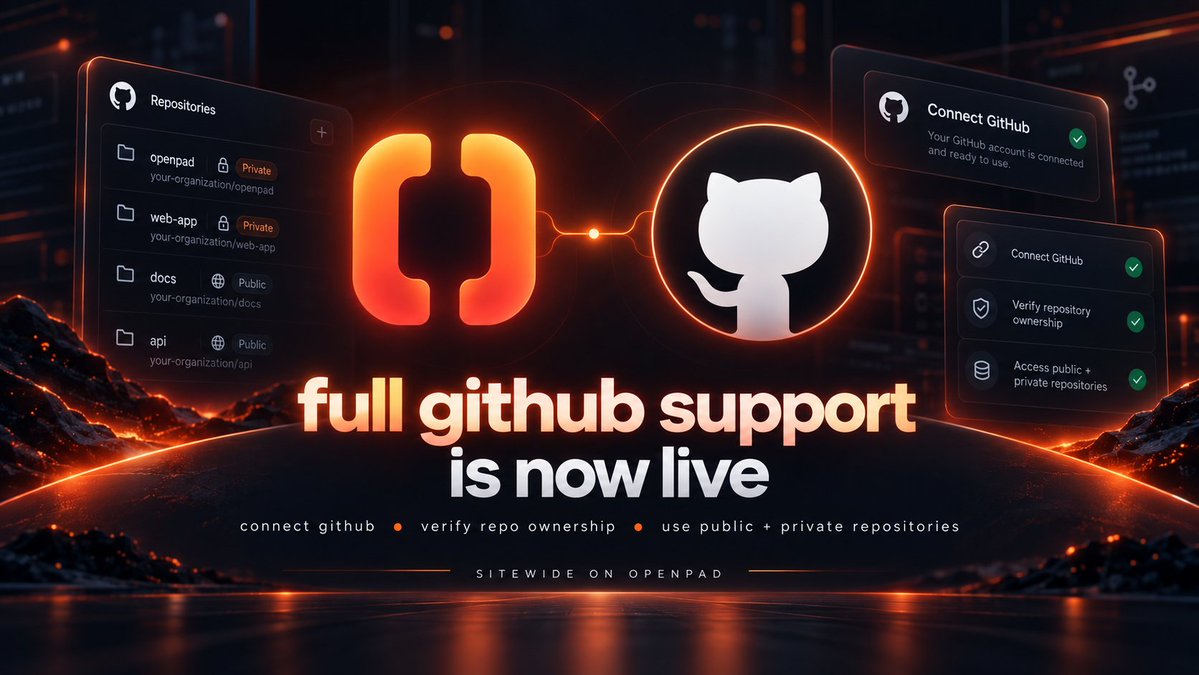 _openpad's tweet photo. full github support is now live across openpad.

you can connect github, verify repo ownership, use public or private repositories, and carry that verified identity through the full agent launch flow.

this closes one of the biggest gaps in the product and makes launches much harder to fake.

github is now fully integrated sitewide.

https://t.co/WyBto33tqF