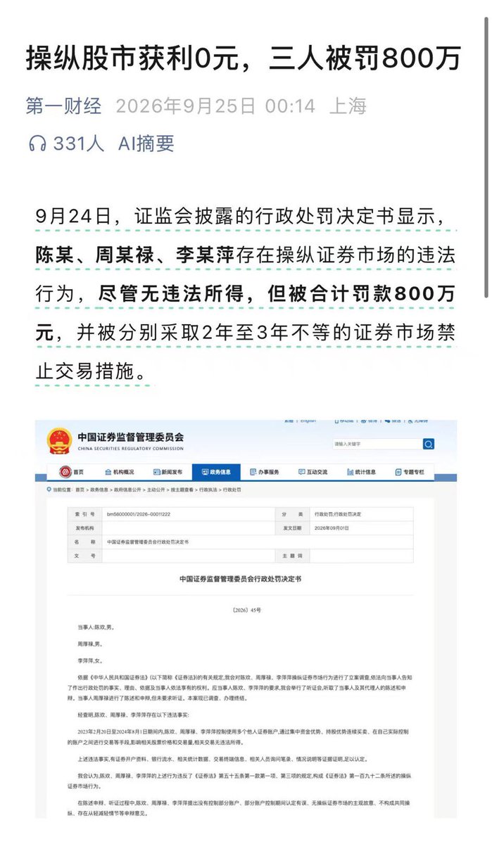 husngzilp's tweet photo. 我要被笑死了，操纵股市获利0元，三人被罚800万 https://t.co/Kh1N6rToSm