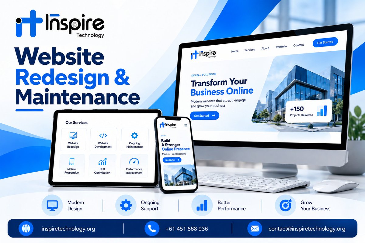 InspireTechWTNW's tweet photo. Give your website the upgrade it deserves. 💻✨

Modern design, better performance, ongoing support—built to help your business grow.

🌐 https://t.co/GczLPKZbok 
📞 +61 451 668 936

#WebsiteRedesign #WebDevelopment #BusinessGrowth #InspireTechnology https://t.co/q9TdJwcmnk