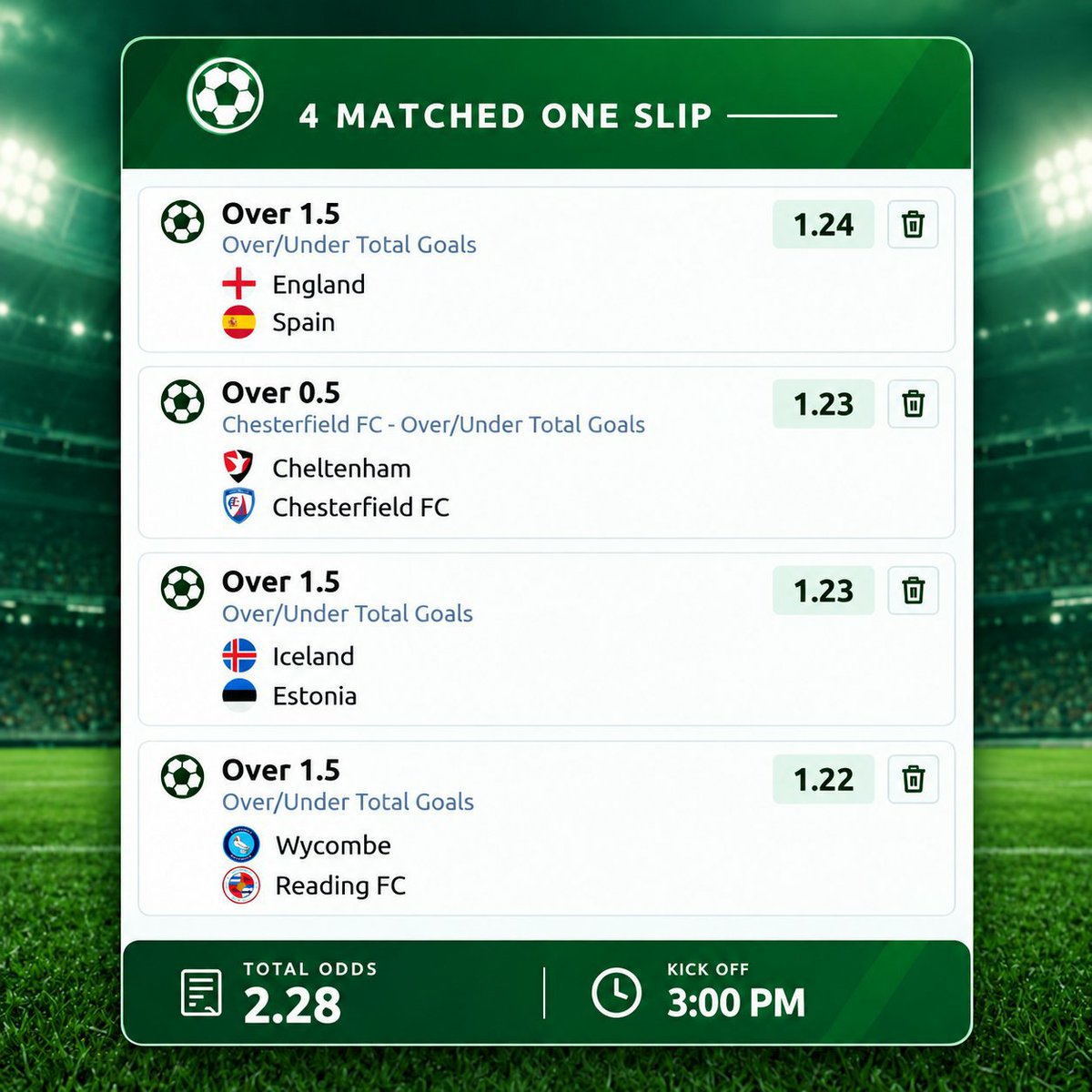 MorganPeace011's tweet photo. ⚽ 4 LEG PARLAY | 2.28 ODDS 

🇬🇧 England vs Spain — Over 1.5 Goals
🏴 Cheltenham vs Chesterfield — Over 0.5 Goals
🇮🇸 Iceland vs Estonia — Over 1.5 Goals
🏴 Wycombe vs Reading — Over 1.5 Goals https://t.co/6eLTOqfbHK