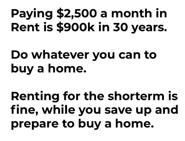 JoshRincon_'s tweet photo. Paying $2,500 a month in rent adds up to $900,000 over 30 years.

That’s not an exaggeration, that’s just the math. Do whatever you reasonably can to buy a home. Short-term renting while you save and get your finances in order is fine.

Long-term renting means you’re funding someone else’s mortgage and building their equity instead of your own. Project those numbers out and the cost of staying a renter becomes hard to ignore.