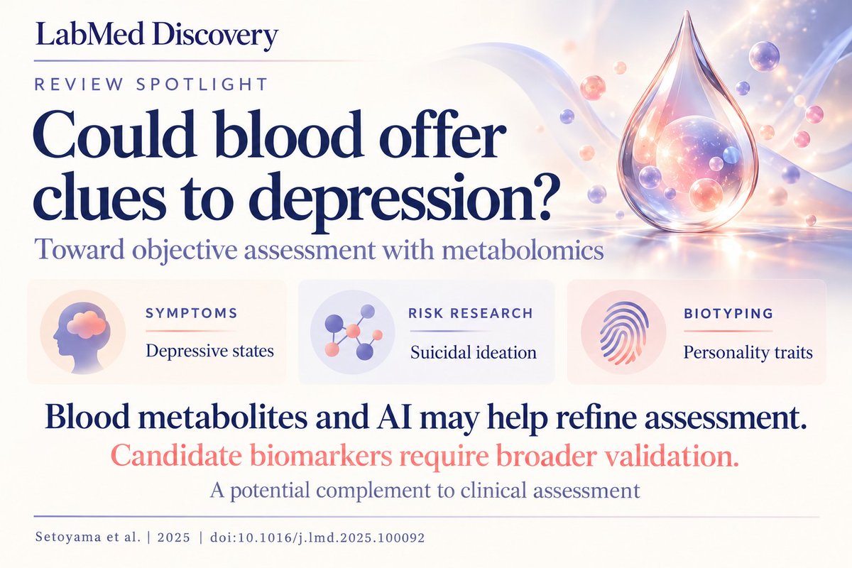 wangivy23627's tweet photo. Could blood offer clues to depression?
This LMD review explores blood metabolites, AI and their potential to complement clinical assessment. Promising biomarkers—but broader validation is needed.
https://t.co/oFV6ueMAc1
#LabMedDiscovery #Metabolomics #Depression https://t.co/0oVqVynoKz