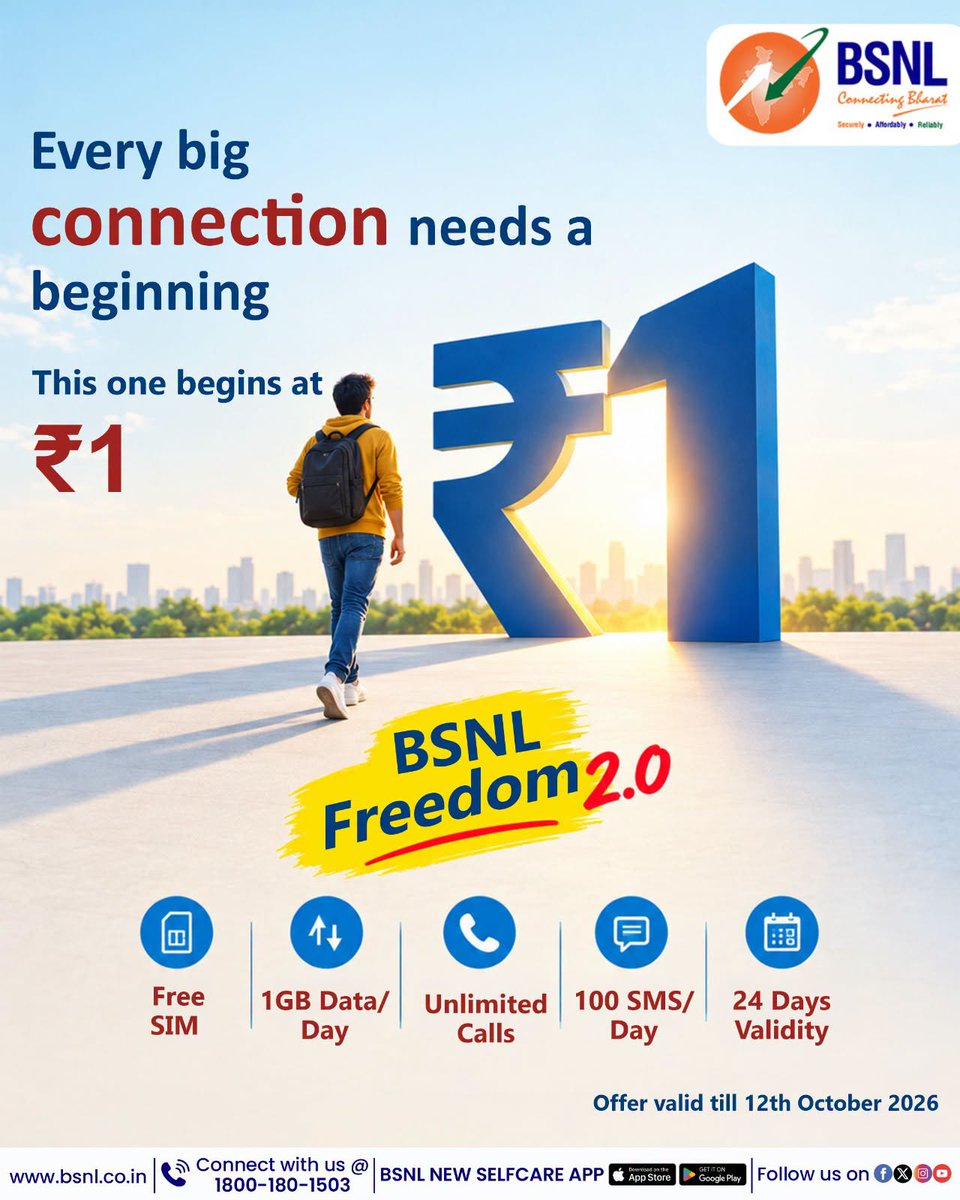BSNL_BIHAR's tweet photo. What can ₹1 get you?
A whole new connection

#BSNLIndia #BSNLSelfCareApp #InternetForEveryone #DigitalLife #IndiaOnline #BSNLServices #SmartIndia #EverydayConnectivity #HamaraBSNL #frc1 https://t.co/1AZznnooQ7