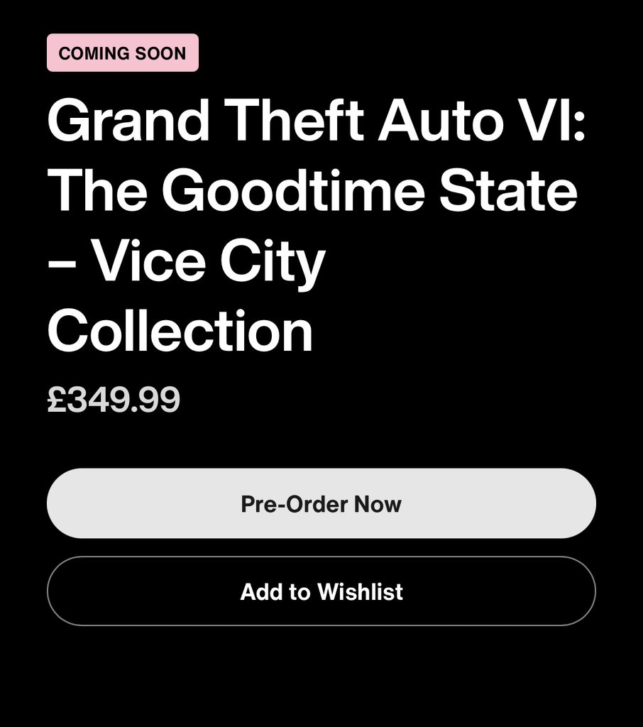 videotech's tweet photo. It’s coming up 48 hours since GTAVI Collector’s Box went for sale, despite the brand power the GTA IP has, it has not sold out and seems to be underperforming. 

There was definitely an expectation it would sell within minutes, as they added a feature to receive stock alerts the night before it went live and it’s also limited per person. 

I think Rockstar really needs to reevaluate the price or at least explore the possibility removing the glasses. Or even better give us a Vice City/Jason&Lucia themed package.