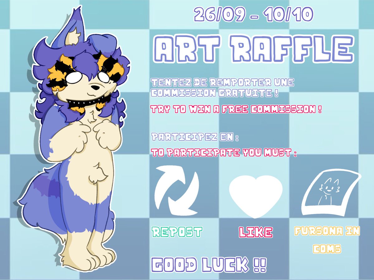 KeithDaWoof's tweet photo. Here goes my first ArtRaffle !!
It starts today and ends the 10th of October !
The different artstyles are shown on my commission sheet :3

Good luck :3 !!! https://t.co/aK5zBNqQm4