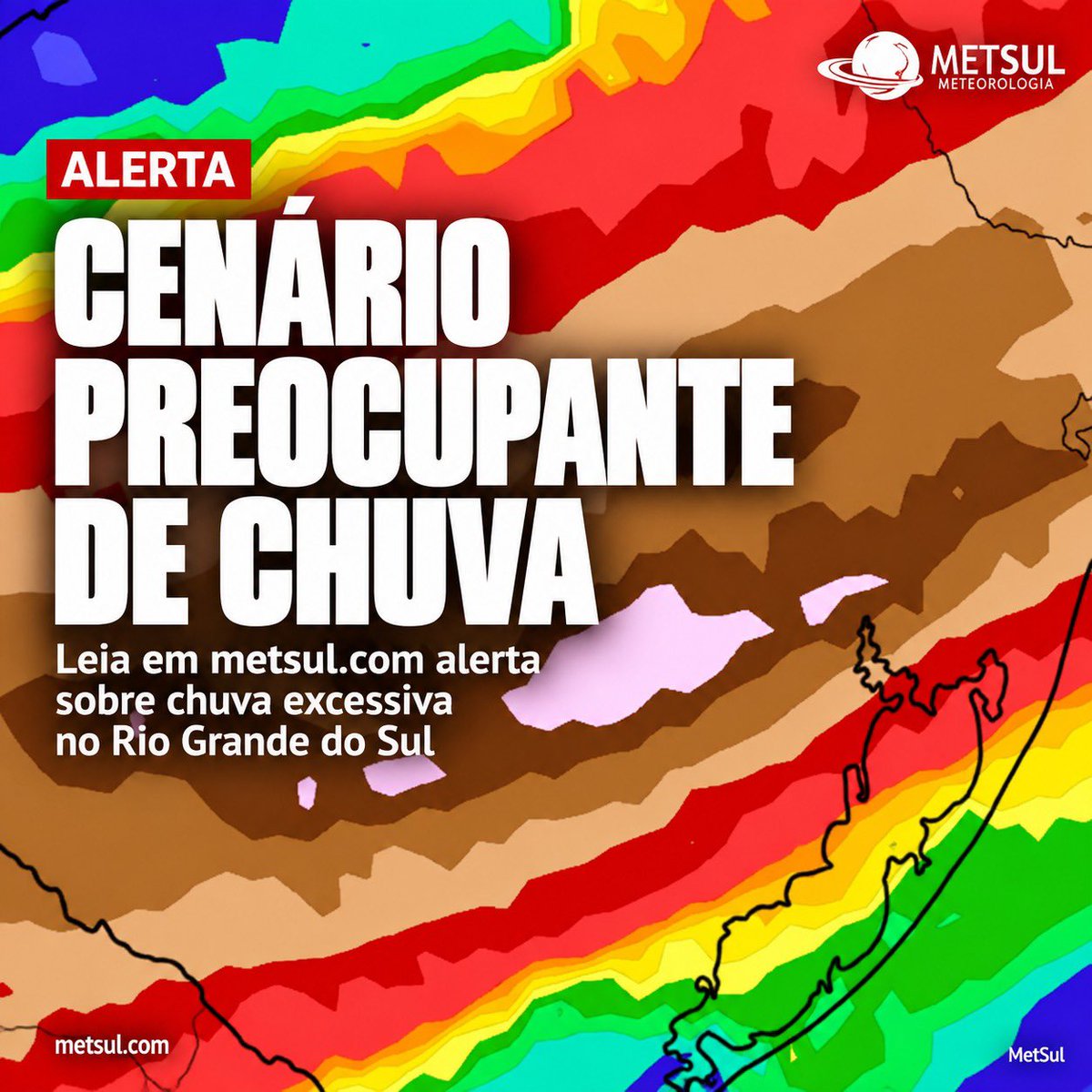 metsul's tweet photo. 🔴 ATENÇÃO - ALERTA | Cenário preocupante de chuva excessiva no Rio Grande do Sul com até 200 mm a 300 mm. ▶️ https://t.co/ej71iMQUHN https://t.co/kT6meUnNGK