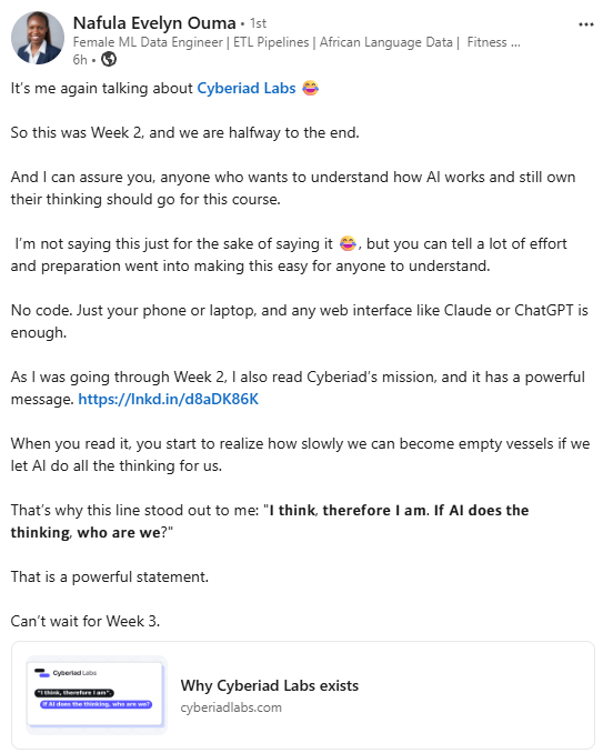 CyberiadLabs's tweet photo. Thank you Nafula 🙏 https://t.co/5E2sw1dCMx