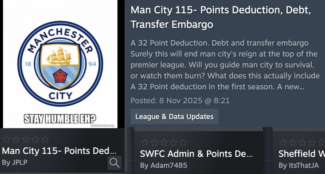 nocontextfm1's tweet photo. There is a Man City point deduction mod on Football Manager 26 if anyone wants to use it... 😅 https://t.co/cjbQKisVBa