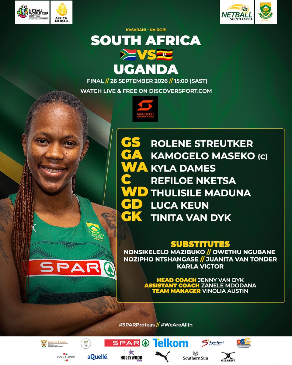 Netball_SA's tweet photo. ๐ฟ๐ฆ ๐ฆ๐ง๐๐ฅ๐ง๐๐ก๐ ๐ณ. ๐๐๐ก๐๐ ๐ฅ๐๐๐๐ฌ.๐ฅ
The SPAR Proteas are locked in for the Africa Netball Cup Final against Uganda. ๐บ๐ฌ
๐ฅ Watch it LIVE & FREE on Discover Sport ๐ https://t.co/XY7o8i6dQD
#SPARProteas #AfricaNetballCup2026 #WeAreAllIn https://t.co/EHpmaG4sTc