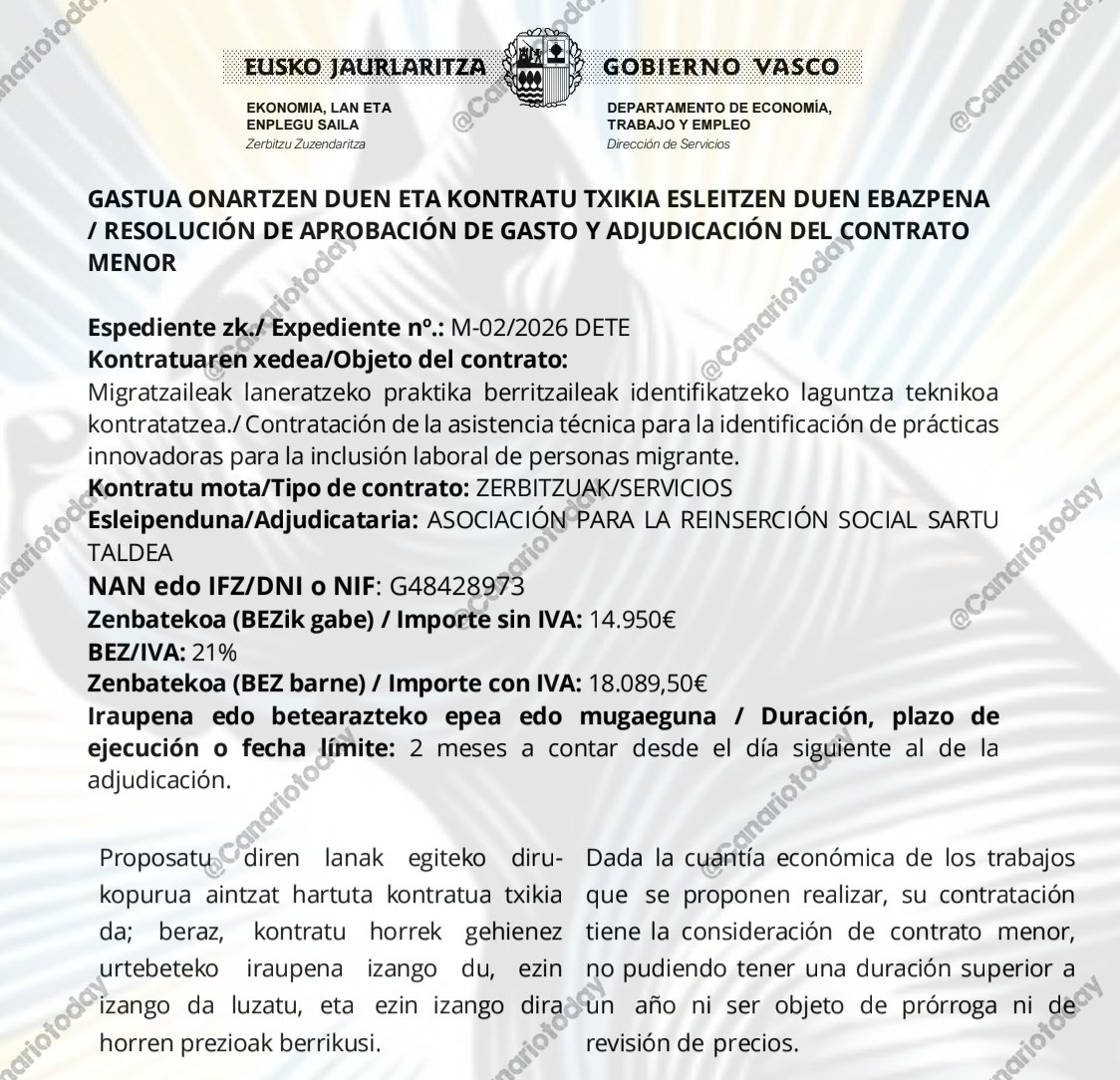 CanarioToday's tweet photo. 🚨 El Gobierno Vasco destina 14.950 € a una asistencia técnica para identificar "prácticas innovadoras" destinadas a facilitar el acceso al empleo de inmigrantes.

Dinero público para estudiar cómo dar trabajo a inmigrantes... https://t.co/UaMXWuRC5H