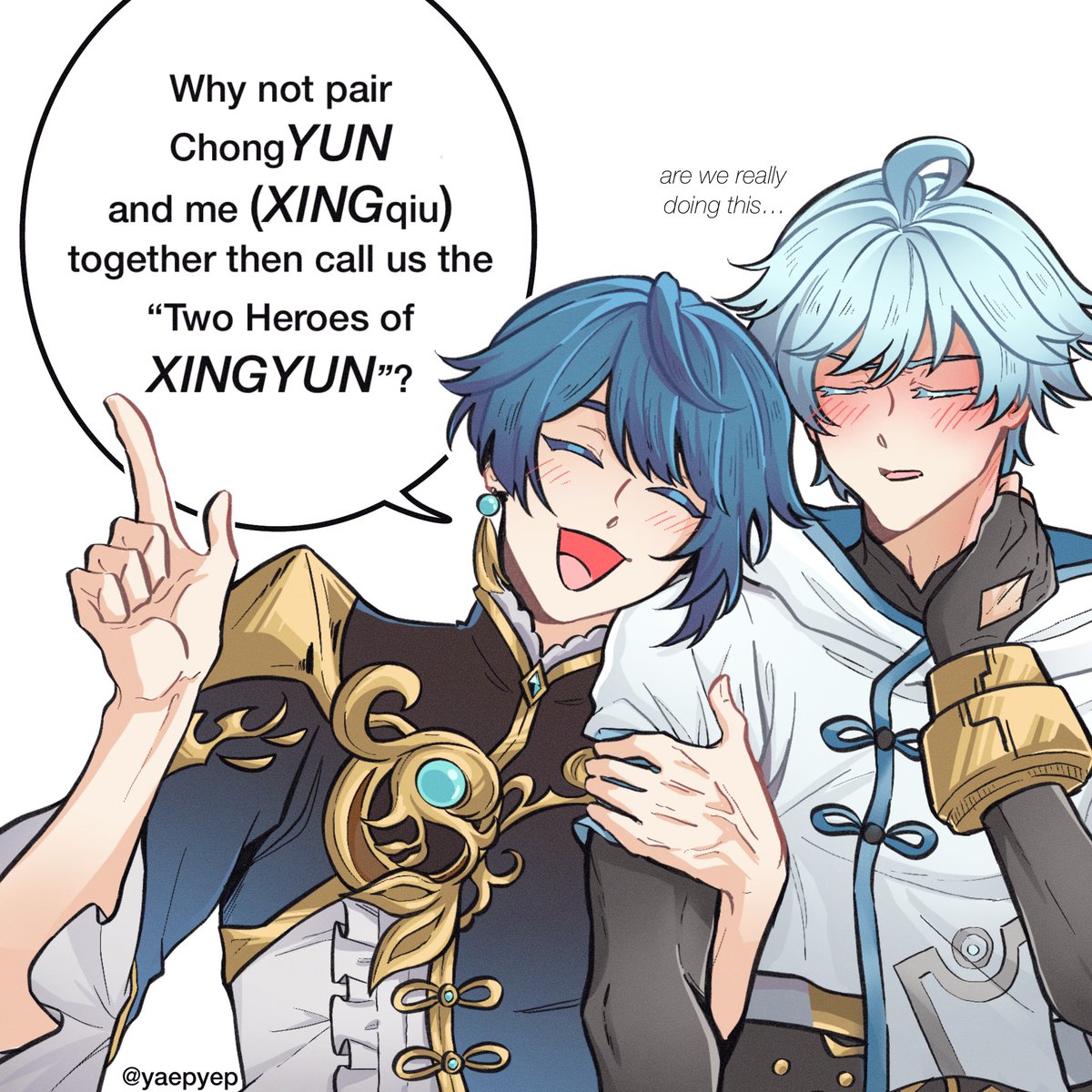 yaepyep's tweet photo. haha imagine xingqiu wanting to be paired with chongyun and using #xingyun as (part of) their pair name in game haha if only it were real hahaha https://t.co/wmf4XySNDx