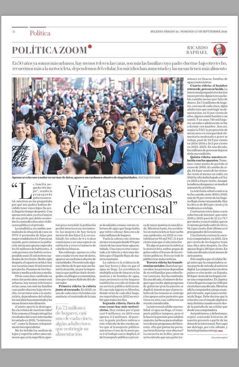 ricardomraphael's tweet photo. Presento solo algunas viñetas de lo que más me llamó la atención de “la intercensal,” no por la importancia que podrían darle demógrafos, sociólogos o economistas, sino por el mero disfrute del observador. https://t.co/q70LGK1BTr