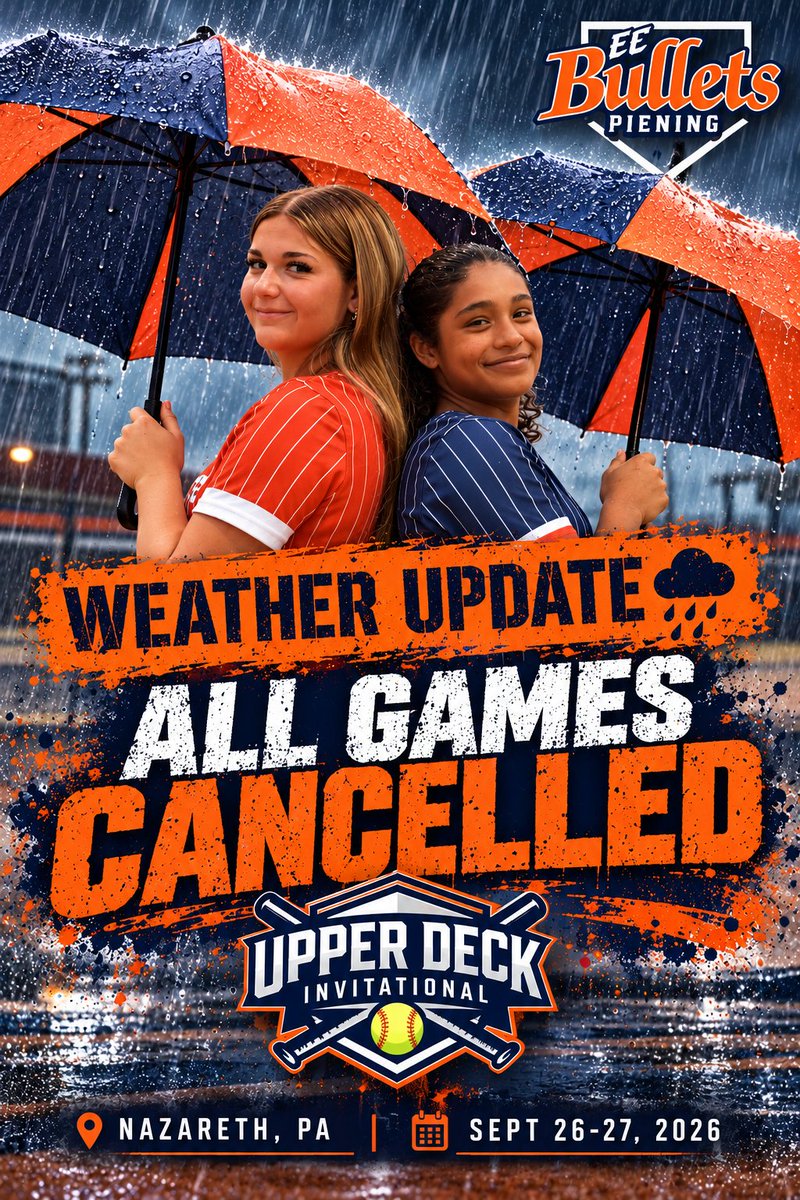Dan_ECBullets's tweet photo. 🥎 Upper Deck Invitational cancelled due to weather! Stay safe &amp; warm! We'll be back on the field next week! 🧡💙 https://t.co/DqQsRG3pnz