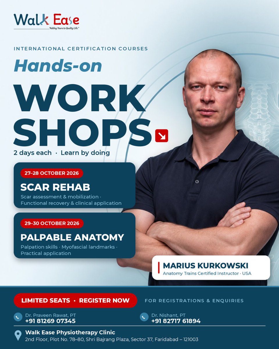 WalkEaseIndia's tweet photo. Marius Kurkowski, Anatomy Trains Certified Instructor – USA.

📅 27–28 October 2026: Scar Rehab
📅 29–30 October 2026: Palpable Anatomy

Learn through practical application, assessment, palpation skills, myofascial landmarks and more. https://t.co/HSK9H27zXY