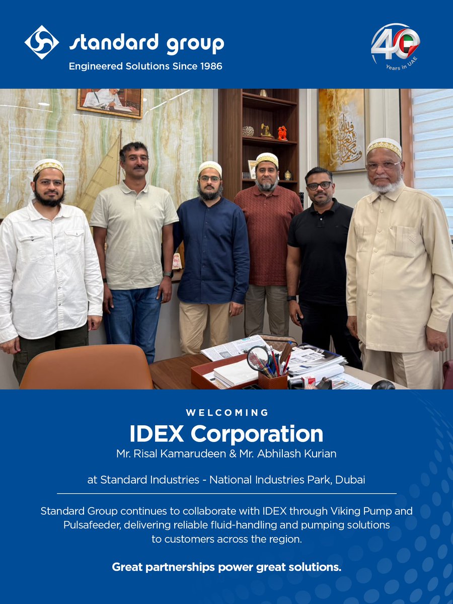 pumpsglobal's tweet photo. We were pleased to welcome Risal Kamarudeen and Abhilash Kurian from IDEX Corporation to our Standard Group facility at NIP, Dubai.

We look forward to strengthening our collaboration through Viking Pump and Pulsafeeder.

#IDEX #VikingPump #Pulsafeeder #UAE https://t.co/bLpiAZWoOA