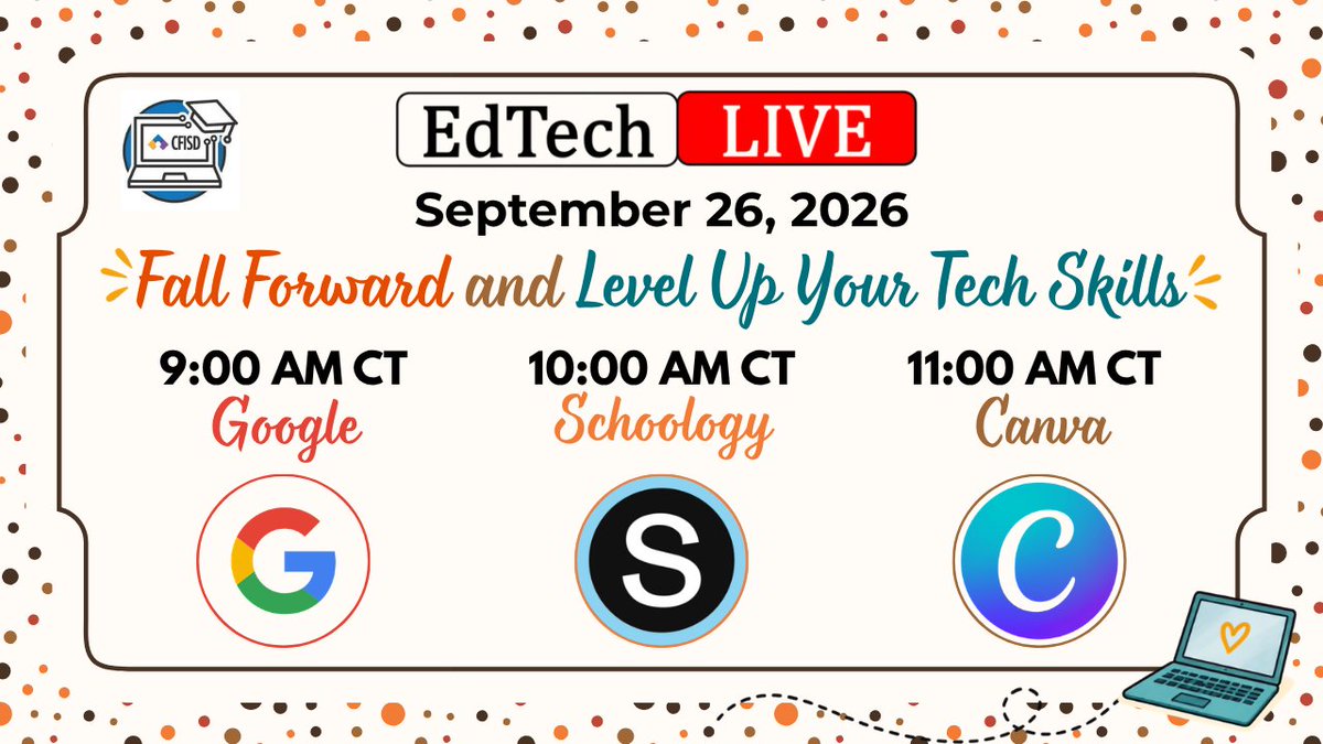 CyFairEdTech's tweet photo. Today is the Day! 

Earn PD credit!  It's PD in your PJs!

9:00am - 12:00pm.  You can earn 3 hours!

Learn about:
- Google
- Schoology
- Canva

This is the jumping off link --> https://t.co/ISGEn0gwUO

#CFISDspirit @CyFairISD #Edtech #Teacher @GoogleForEdu @Schoology @CanvaEdu https://t.co/CvYxFtep6M