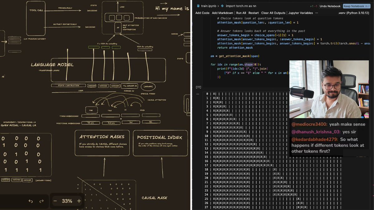 neural_avb's tweet photo. I livecoded for nearly 5 hours on stream and converted a Qwen3 model to a Jev-like decision model!!

We also did a deep dive into tokenization, and how to hack attention masks and positional ids to make this model choice-order invariant.

It was beautiful, highly recommend https://t.co/NEfTFg8Dkn